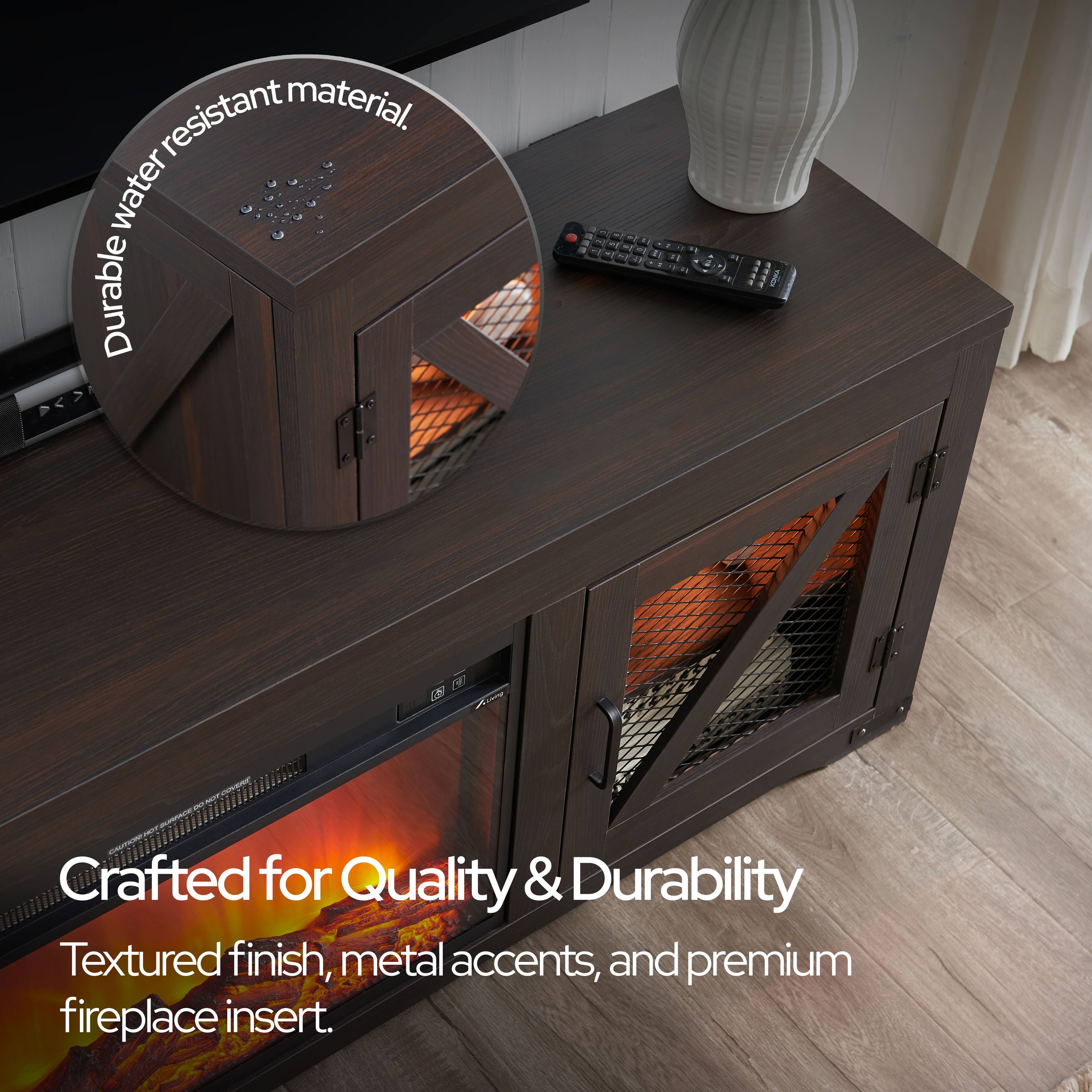 Crafted for Quality & Durability  
Textured finish, metal accents, and premium fireplace insert.  

Durable water-resistant material.