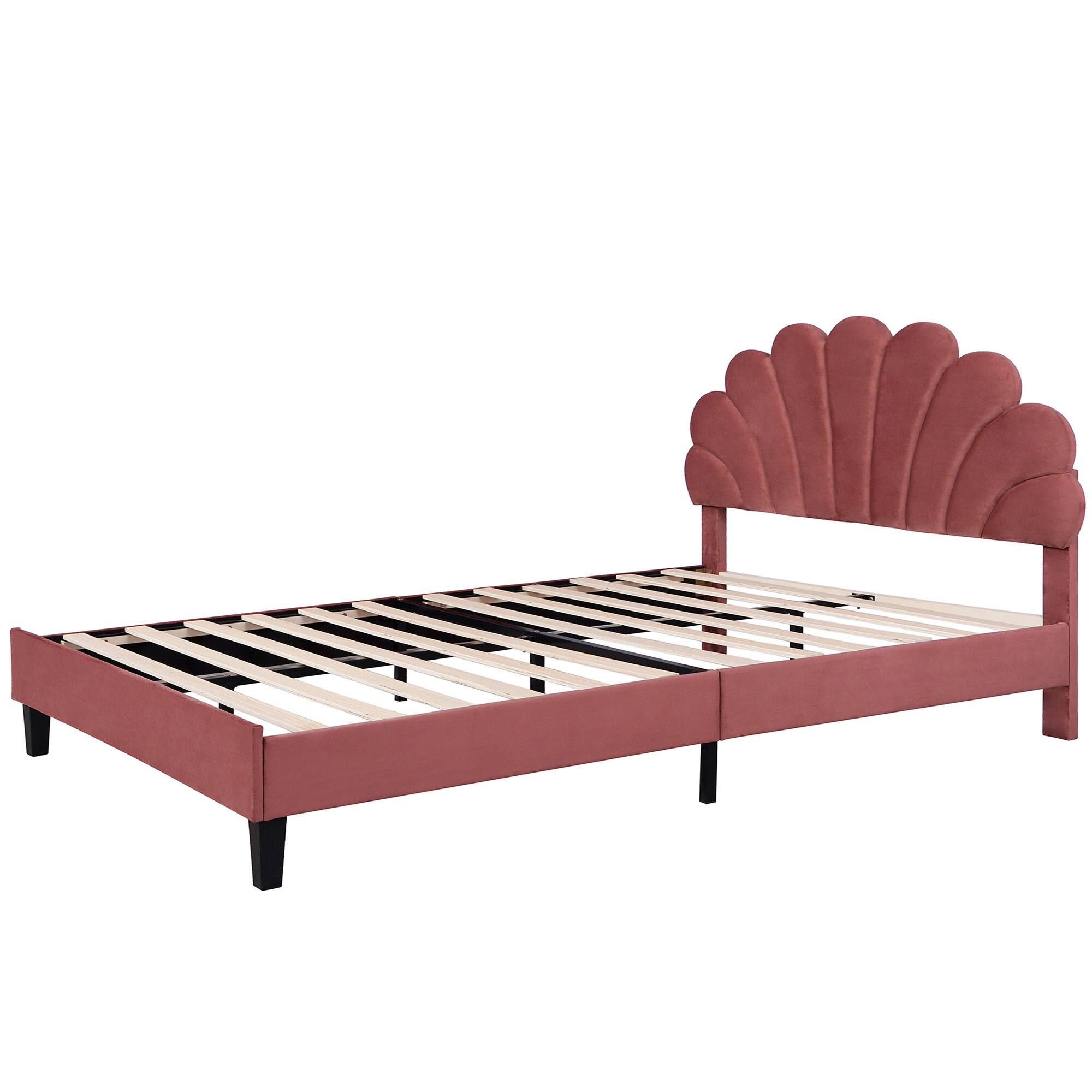 Alt View 1. Tiramisubest - Queen Size Upholstered Platform Bed with Flower Pattern Velvet Headboard, Bean Paste Red - Bean paste red.