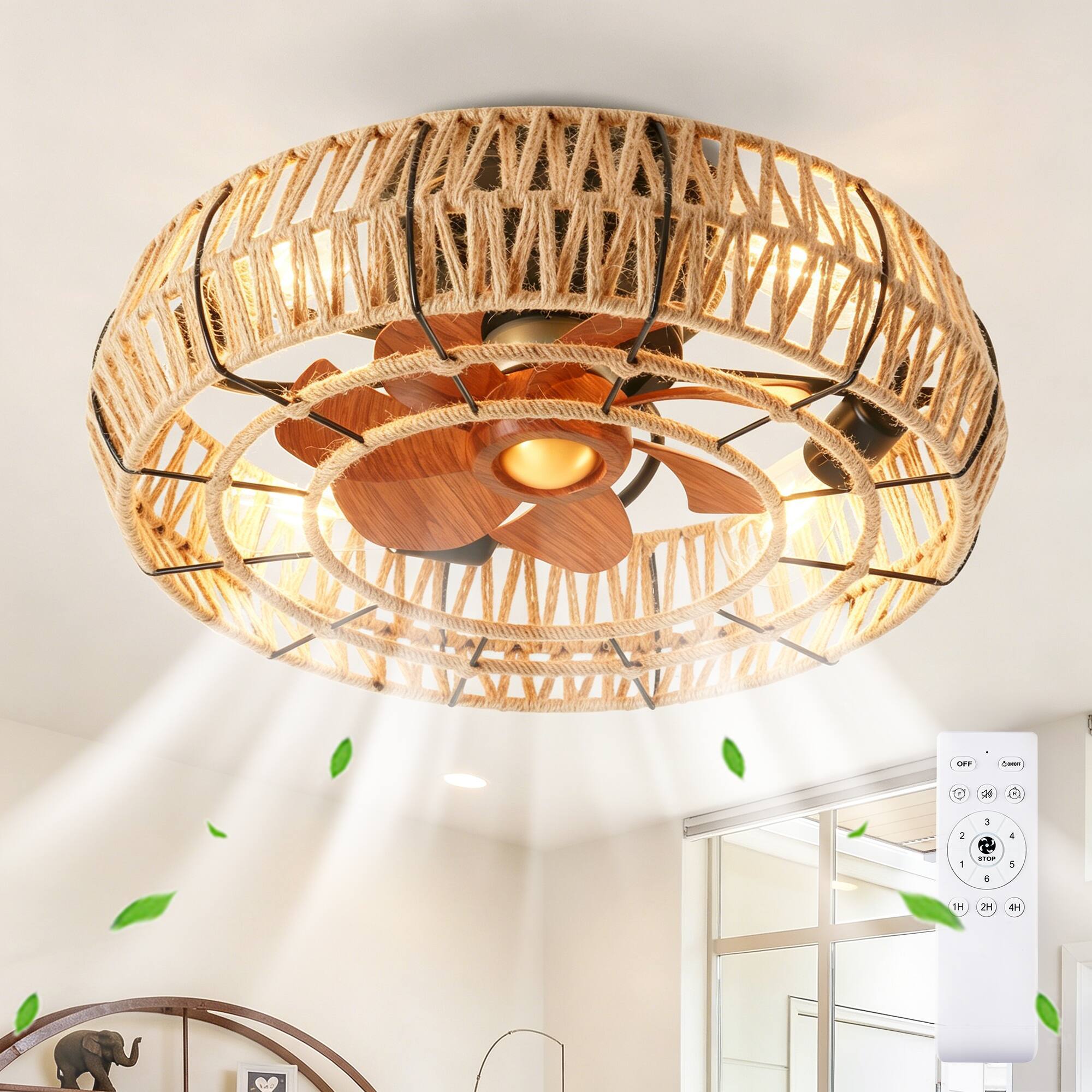 Angle. Loheer - Loheer 20 Inch Rope Caged Flush Mount Ceiling Fan with Light, Low Profile Chandelier DC Motor Reversible Matte Black.