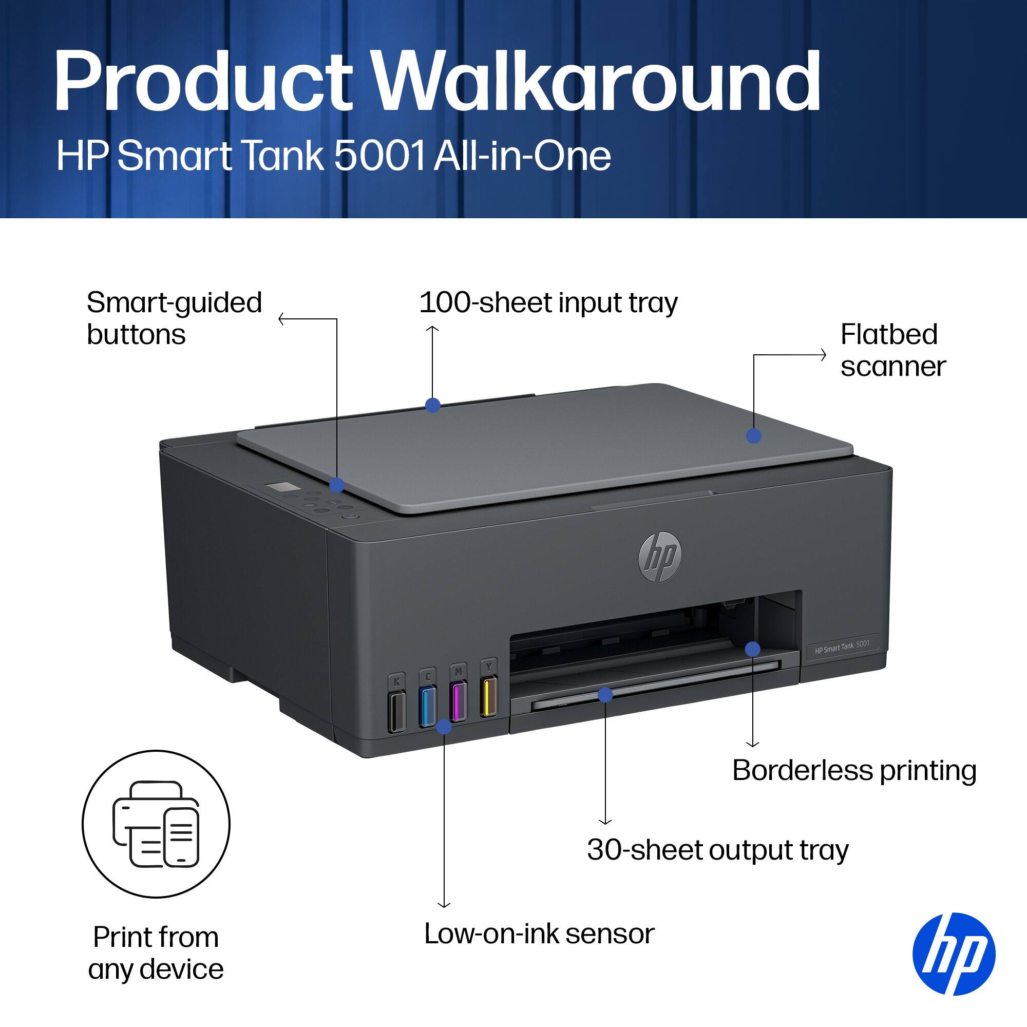 Product Walkaround HP Smart Tank 5001 All-in-One

- Smart-guided buttons
- 100-sheet input tray
- Flatbed scanner
- Borderless printing
- 30-sheet output tray
- Low-on-ink sensor
- Print from any device