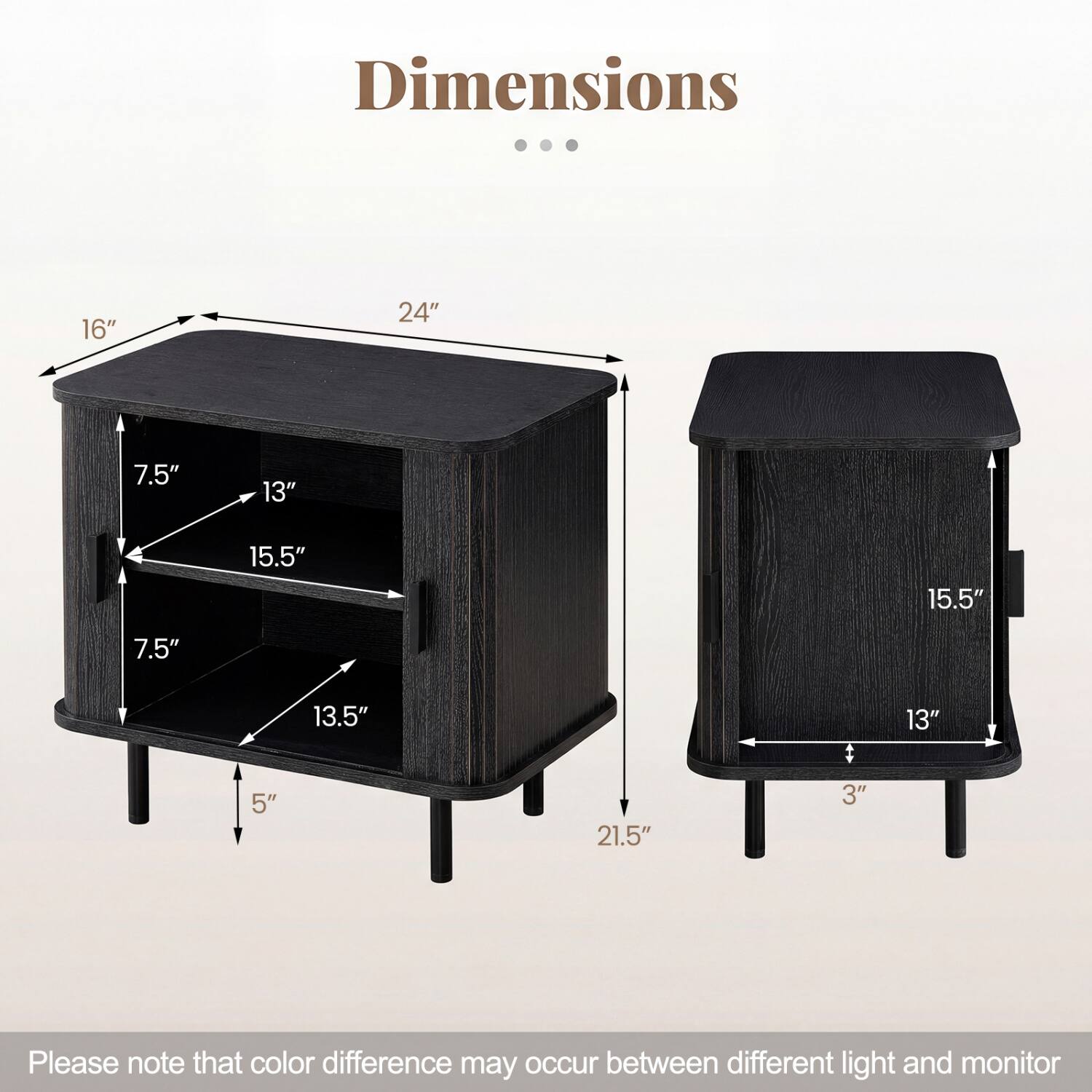Dimensions

16"
24"
7.5"
13"
15.5"
7.5"
13.5"
5"
21.5"
3"

Please note that color difference may occur between different light and monitor