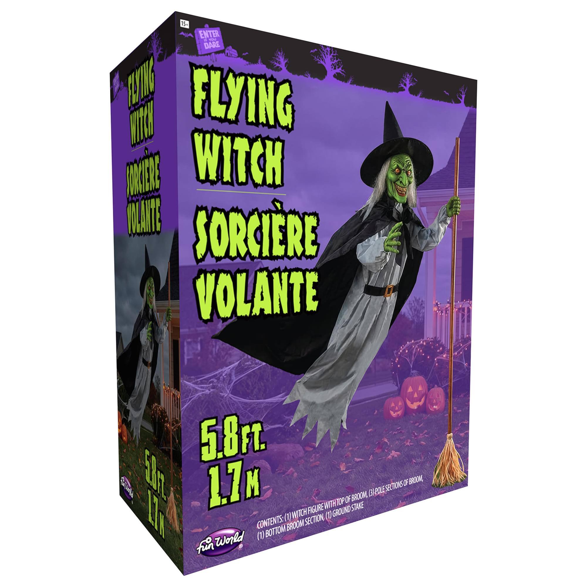 15+ ENTER if YOU DARE SUNS FLYING WITCH NAM SONCIENE VOLANTE

5.8ft. 1.7m

5.Brt. PRESS Slrt W 1.1K (1)WITCH FIGURE WITHTOP (1) GROUND OF STAKE BROOM, (3) POLE SECTIONS OF BROOM, CONTENTS: BROOM SECTION, World (1) BOTTOM BRROOM SECTION (1) GROUND STAKE