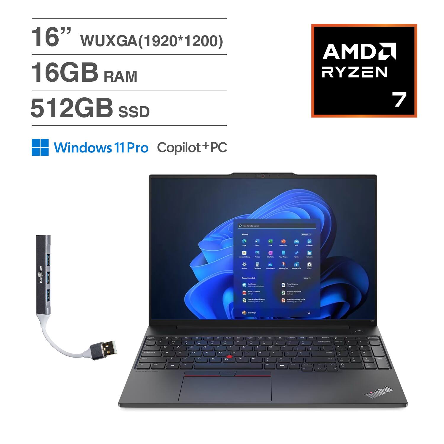 Lenovo - ThinkPad E16 Laptop 16.0 WUXGA Display (AMD Ryzen 7 7735U, 16GB DDR5, Win 11 Pro) w/DKZ - Graphite Black