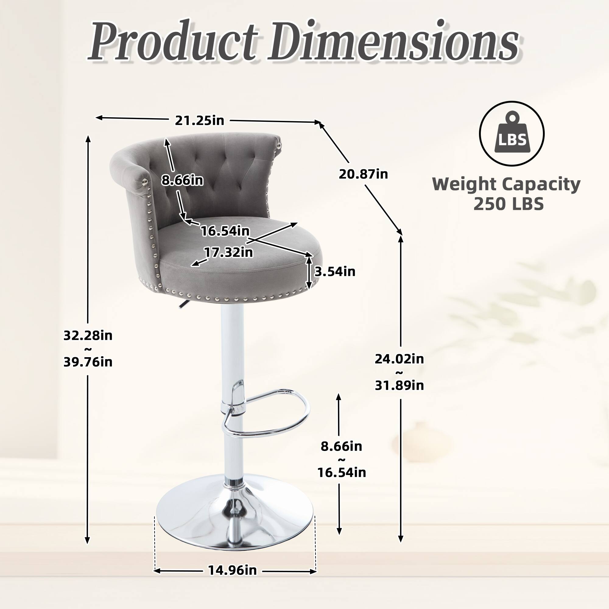 Product Dimensions  
- Length: 21.25in  
- Width: 20.87in  
- Height: 39.76in (approx. 32.28in)  
- Seat Height: 16.54in  
- Back Height: 8.66in  
- Armrest Height: 17.32in  
- Base Diameter: 14.96in  
- Weight Capacity: 250 LBS