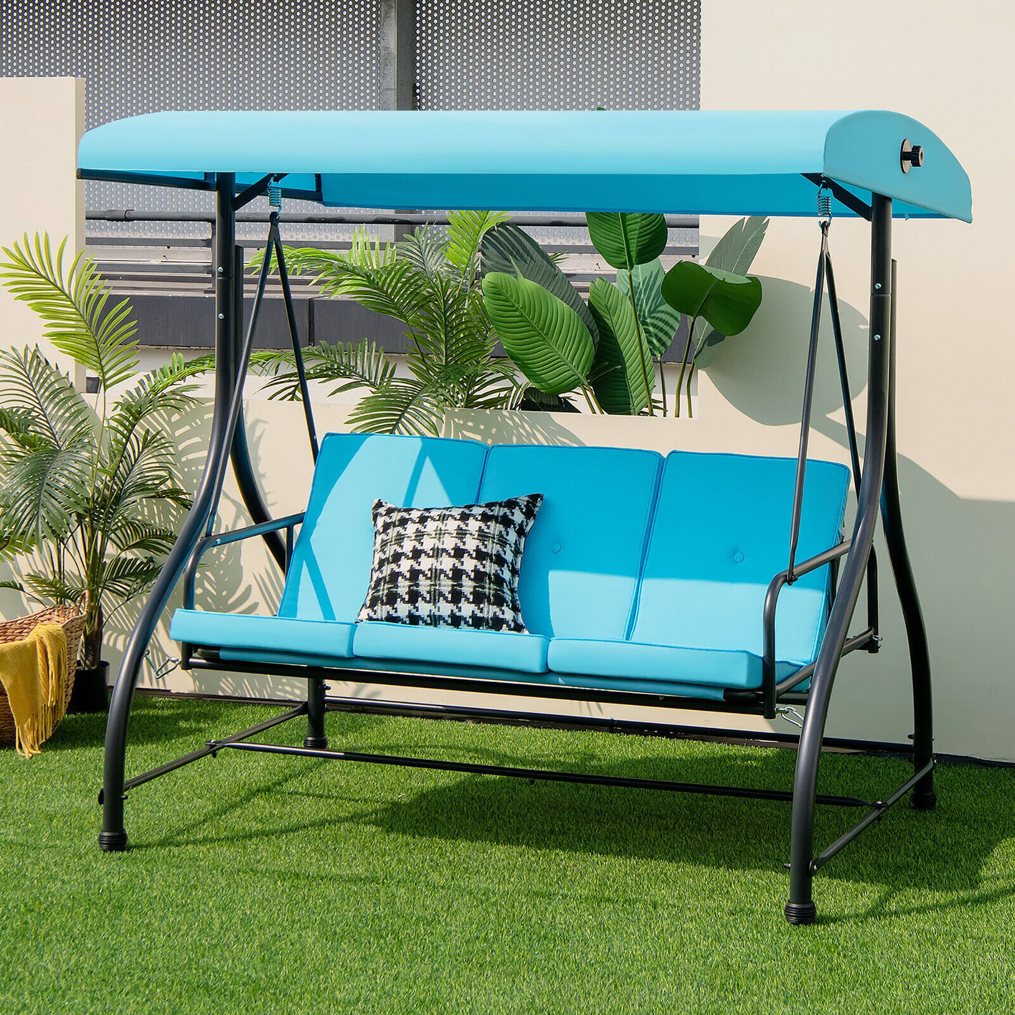 Alt View 1. Gymax - Gymax 3-Seat Outdoor Converting Patio Swing Glider Adjustable Canopy Porch Swing Blue - Blue.