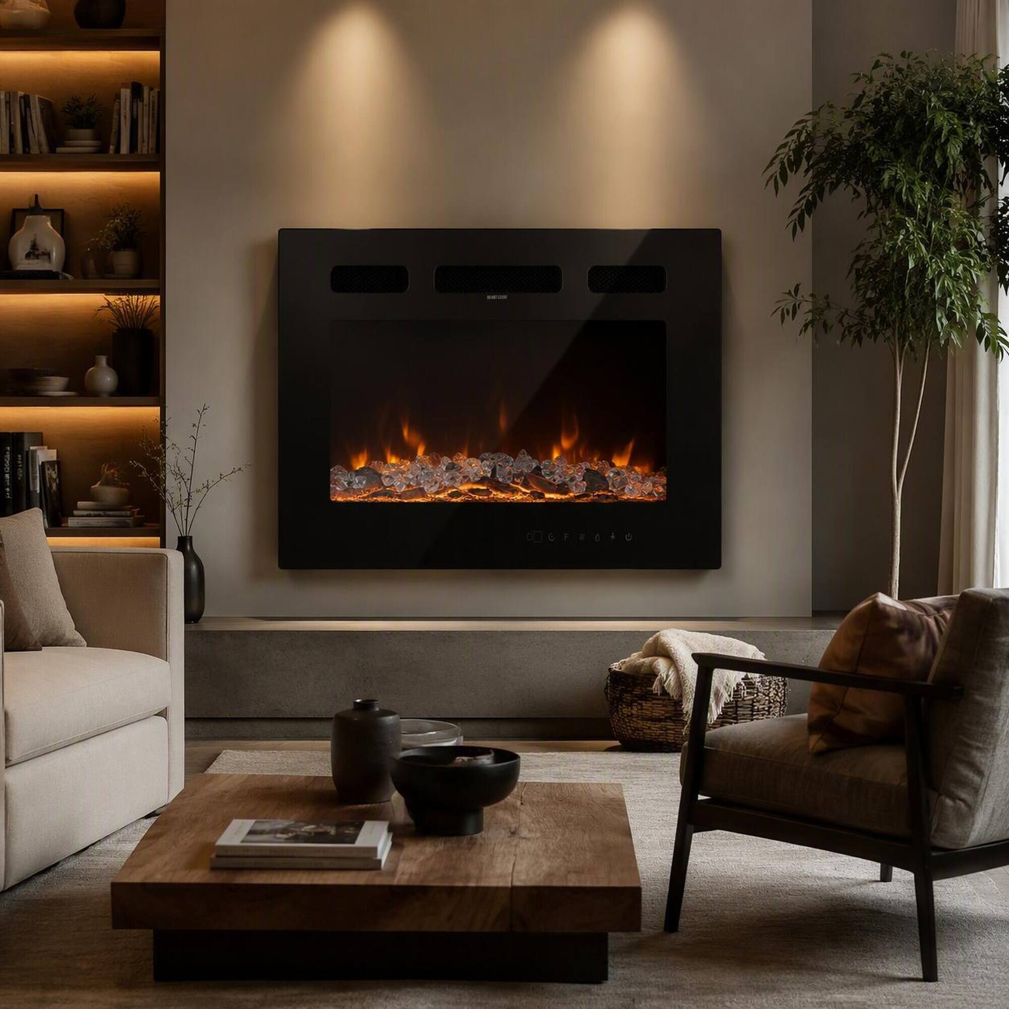 Angle. RYHNUYNE - 50 Inch Wall Mounted Recessed Electric Fireplace Heater, 1500W Remote Control For Indoor Home Warmth Decor - Black.