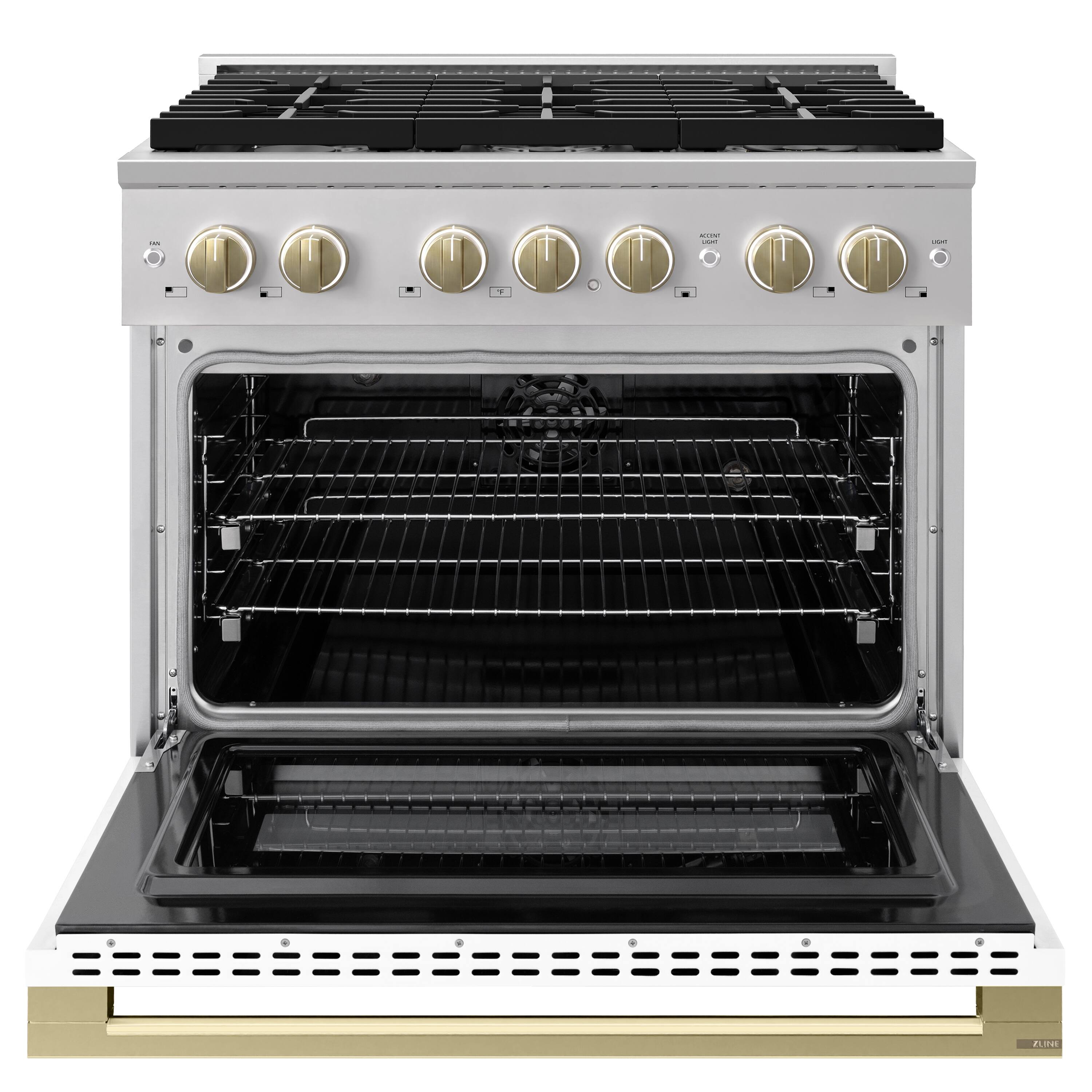 Angle. ZLINE - Autograph 36 in. 5.2 cu. ft. Marino Dual Fuel Freestanding Range with 6 Gas Burner Cooktop with White & Bronze Accents - White Matte.