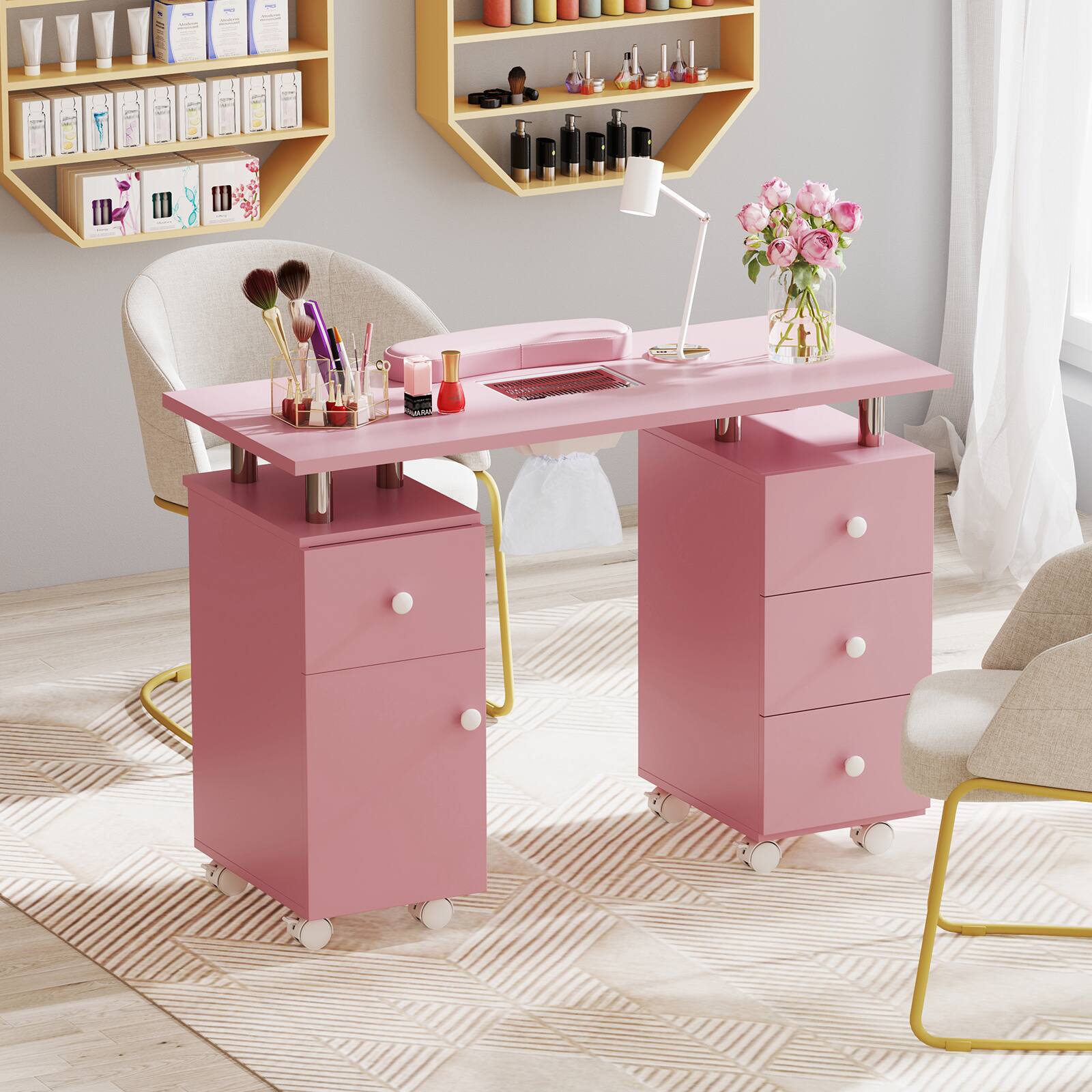Back. SKONYON - Manicure Table with Storage Drawers Wrist Rest Cushion and Durable Work Surface - Pink.