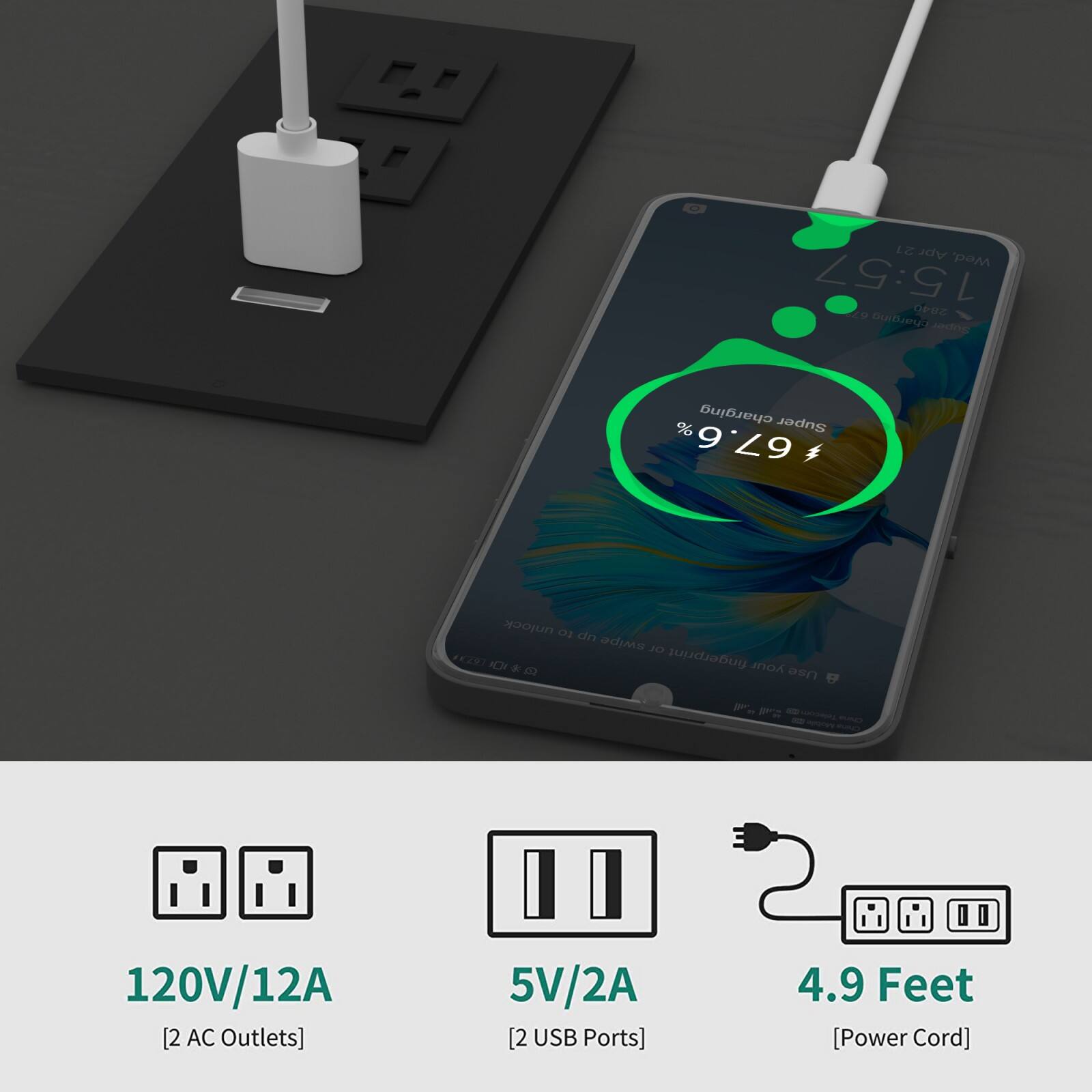 21 Apr Wed. 15:57  
20 Se30 GustieuT JdnE charging Super 67.6%  
unlock DI dn swipe DI E IC  
fingerprint your 03 Use P. P - - n 120V/12A [2 AC Outlets] 5V/2A [2 USB Ports] 4.9 Feet [Power Cord]  

120V/12A  
[2 AC Outlets]  

5V/2A  
[2 USB Ports]  

4.9 Feet  
[Power Cord]