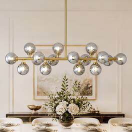 Siljoy - 39.4 Inch Linear Modern Gold Molecular Chandelier, Globe Pendant Light for Dining Room, Kitchen Island - Smoked Glass
