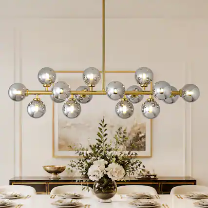 Front. Siljoy - 39.4 Inch Linear Modern Gold Molecular Chandelier, Smoked Glass Globe Pendant Light for Dining Room, Kitchen Island - Smoked Glass.