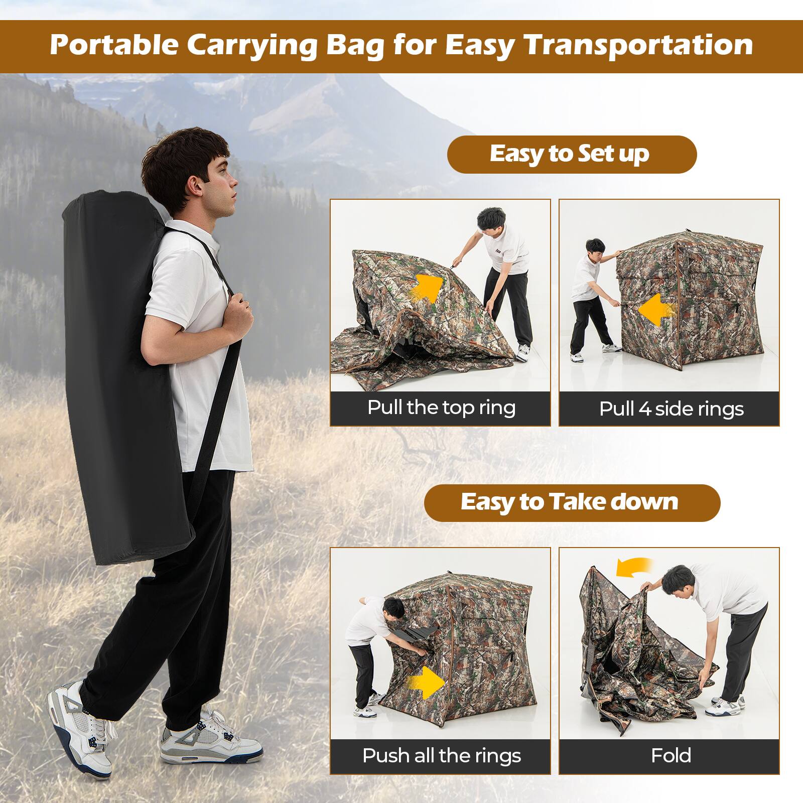 Portable Carrying Bag for Easy Transportation

Easy to Set up
- Pull the top ring
- Pull 4 side rings

Easy to Take down
- Push all the rings
- Fold