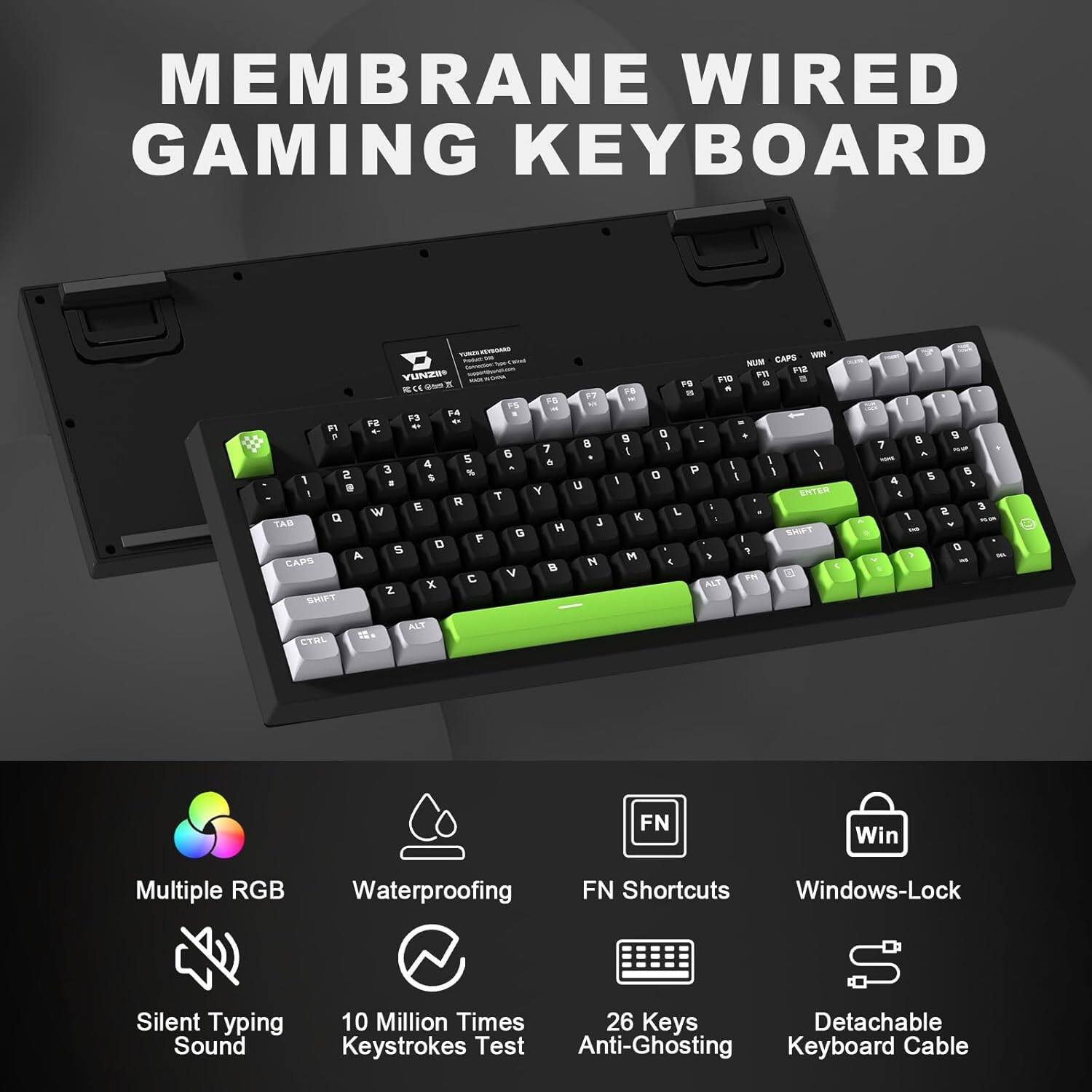 MEMBRANE WIRED GAMING KEYBOARD - VU VUNZBA CK - P4 - F2 - 5 4 3 S 1 2 S . I T R A W T A M P G S A CAPS V Z X SHPFT F 7 A Y U J M A N CAPS WN NUM P F1R FIO - F - - - 9 A I 1 4 1 1 I P O 5 ERTEN . K L SMIPT F M < 5 1 ALT 8 G 7 - 5 4 , A 3 F - - - = CTRL . ALT Multiple RGB Waterproofing FN Win FN Shortcuts Windows-Lock Silent Typing 10 Million Times 26 Keys Detachable Sound Keystrokes Test Anti-Ghosting Keyboard Cable