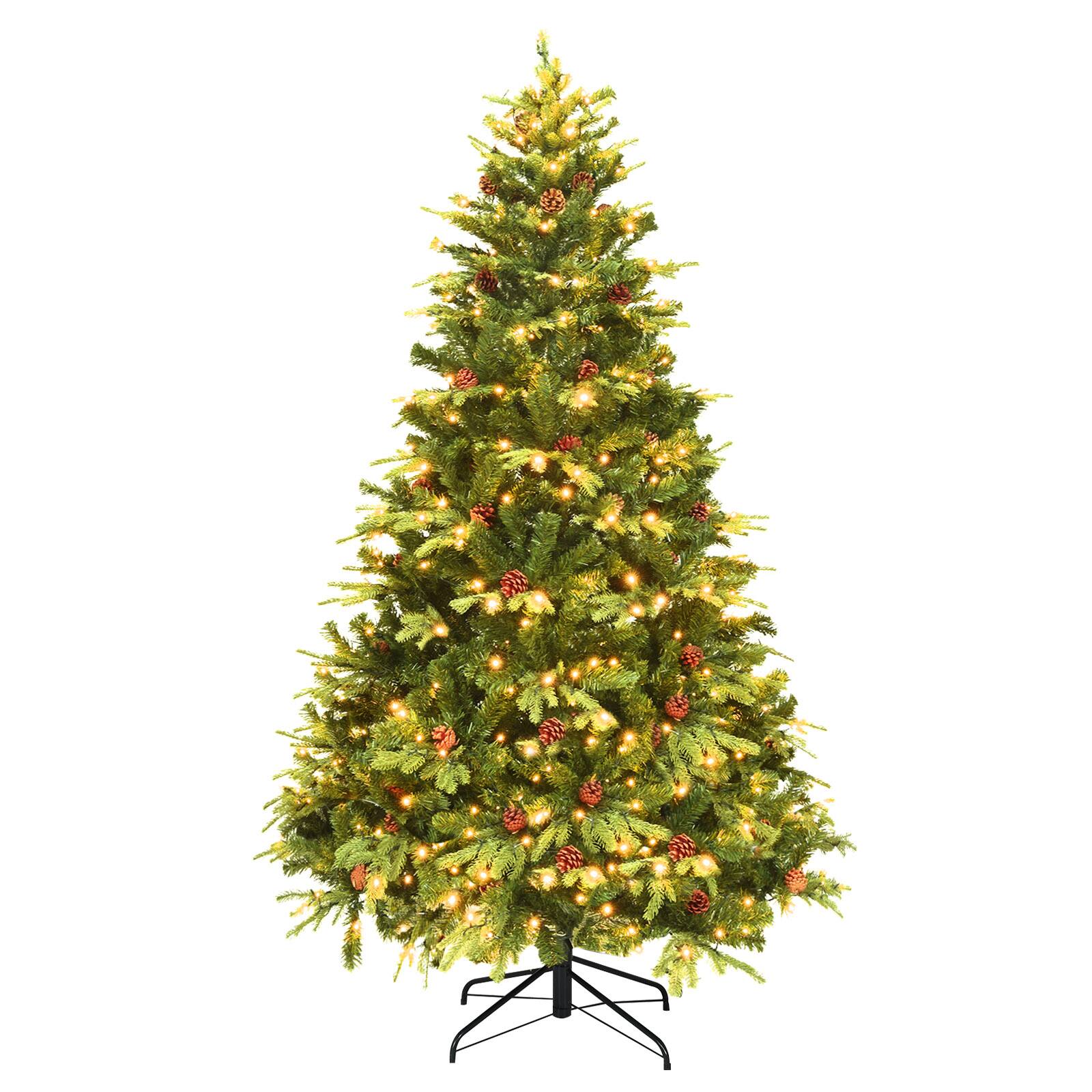 Ecooso - 7ft Artificial Christmas Tree with LED Lights and Pine Cones for Warm Festive Ambience - Green