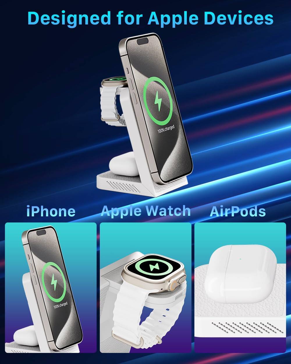Designed for Apple Devices

iPhone
100% charged

Apple Watch
100% charged

AirPods