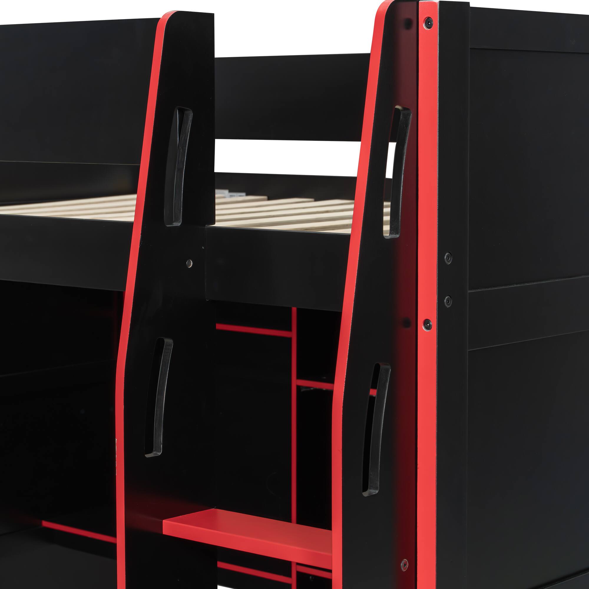 Alt View 2. Anysun - Full Size Wood Loft Bed with Desk,Open Wardrobe,Storage Compartments and RGB Lights - Red.