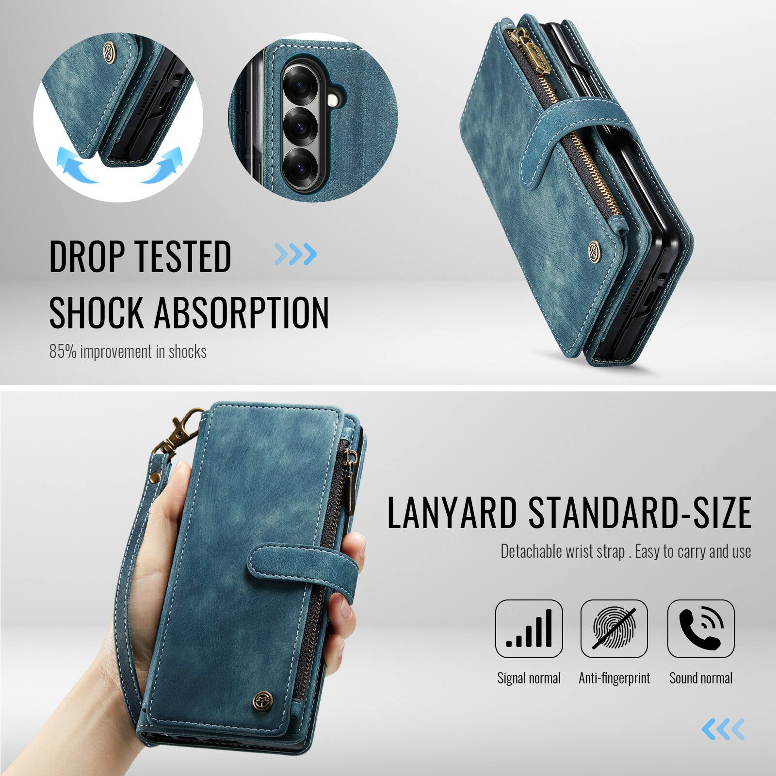 DROP TESTED >>> SHOCK ABSORPTION  
85% improvement in shocks  

LANYARD STANDARD-SIZE  
Detachable wrist strap. Easy to carry and use  

Signal normal  
Anti-fingerprint  
Sound normal