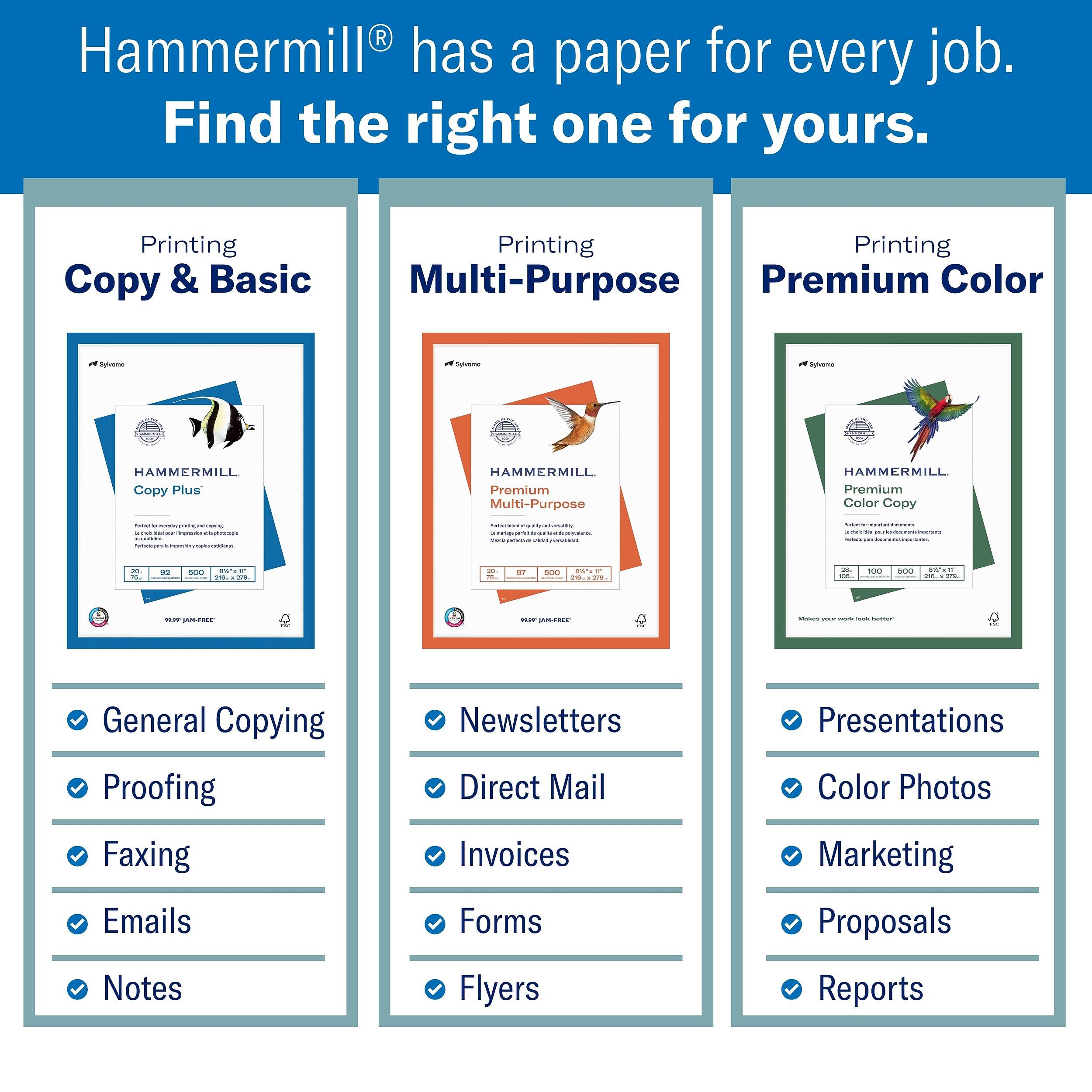 Hammermill® has a paper for every job. Find the right one for yours.

Printing
Copy & Basic
- General Copying
- Proofing
- Faxing
- Emails
- Notes

Printing
Multi-Purpose
- Newsletters
- Direct Mail
- Invoices
- Forms
- Flyers

Printing
Premium Color
- Presentations
- Color Photos
- Marketing
- Proposals
- Reports