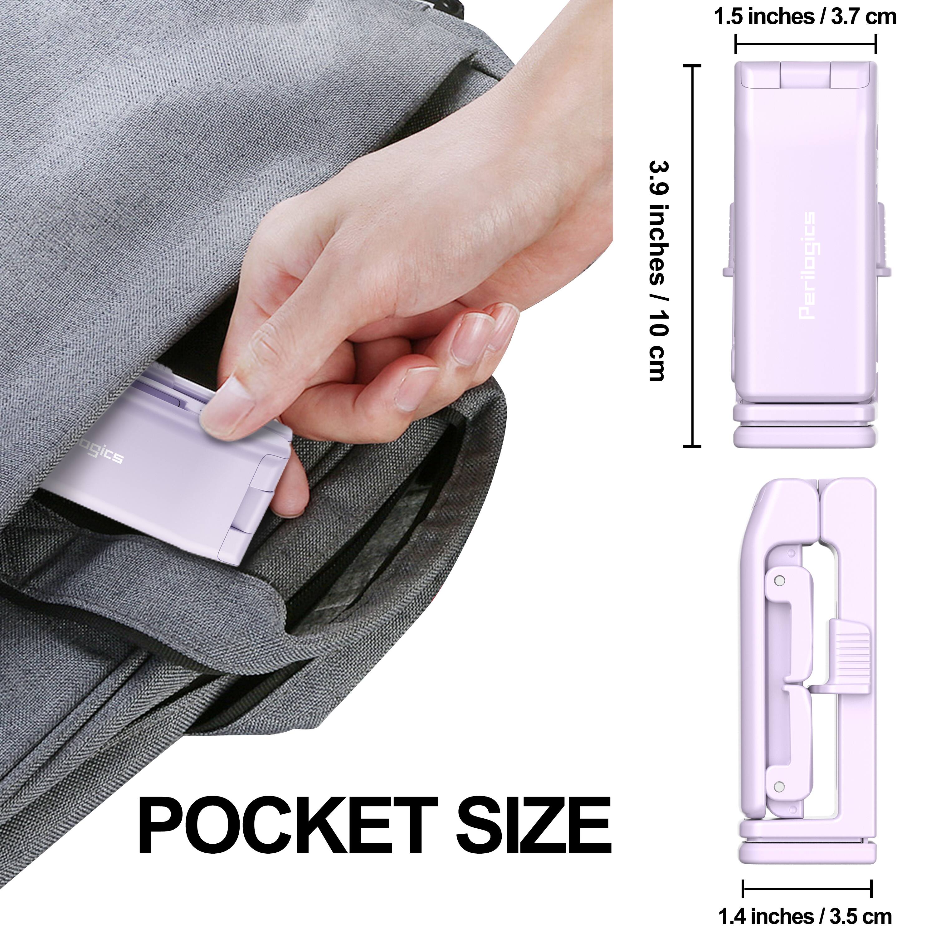 1.5 inches / 3.7 cm  
3.9 inches / 10 cm  
1.4 inches / 3.5 cm  

POCKET SIZE