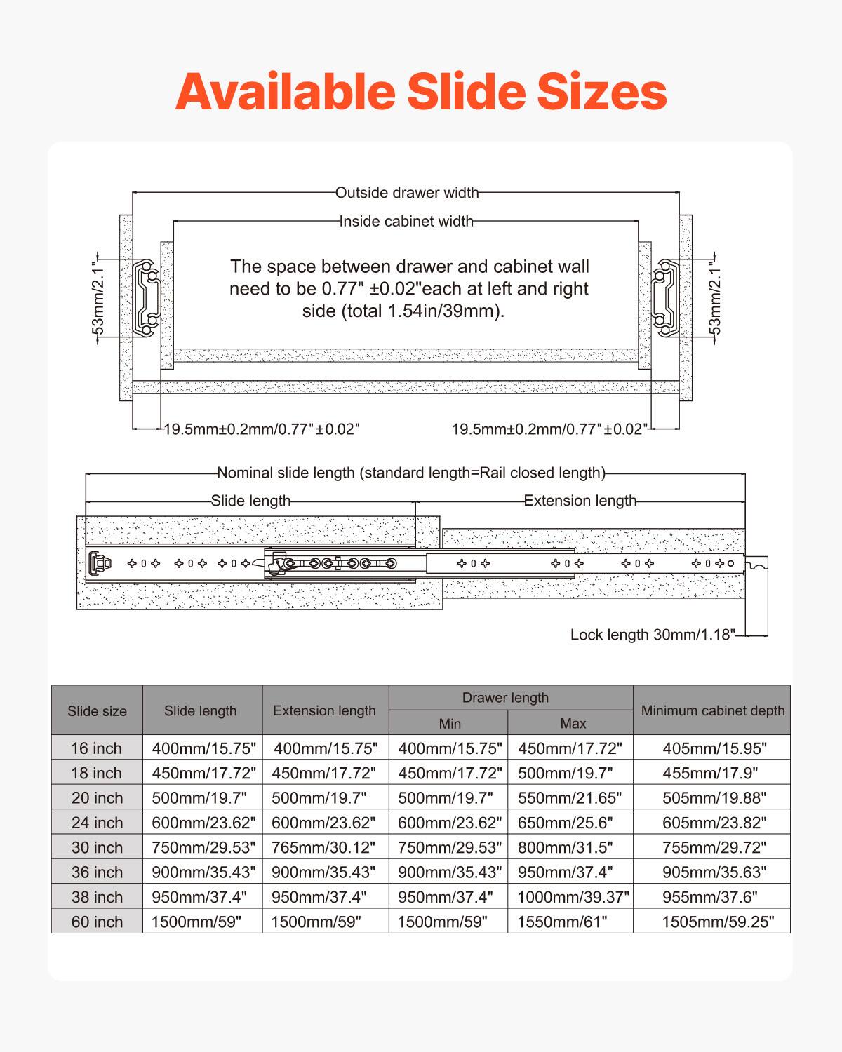 **Available Slide Sizes**

- **Outside drawer width:** 153mm/2.1"
- **Inside cabinet width:** The space between drawer and cabinet wall need to be 0.77" ±0.02" each at left and right side (total 1.54in/39mm).
- **Nominal slide length (standard length=Rail closed length):**
  - Slide length
  - Extension length
  - Lock length 30mm/1.18"

| Slide size | Slide length | Extension length | Drawer length | Minimum cabinet depth |
|-----------|--------------|------------------|---------------|----------------------|
| 16 inch   | 400mm/15.75"  | 400mm/15.75"      | 400mm/15.75"   | 450mm/17.72"          |
| 18 inch   | 450mm/17.72"  | 450mm/17.72"      | 450mm/17.72"   | 455mm/1