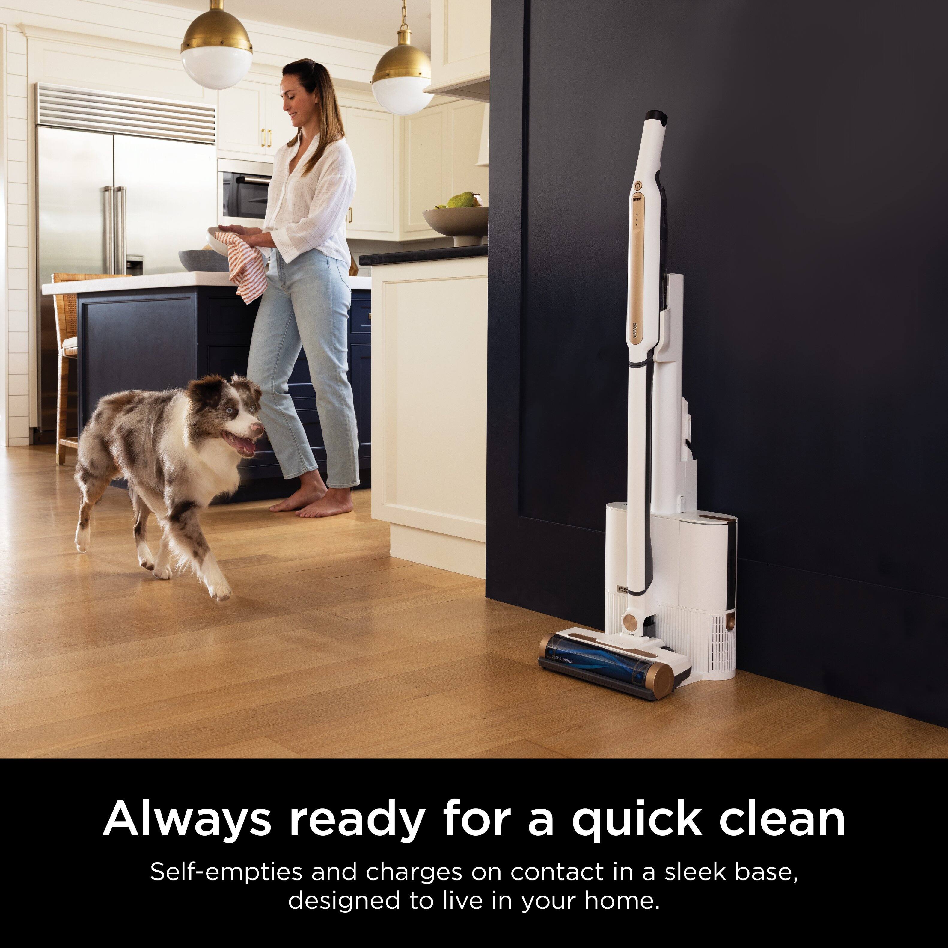 Always ready for a quick clean. Self-empties and charges on contact in a sleek base, designed to live in your home.