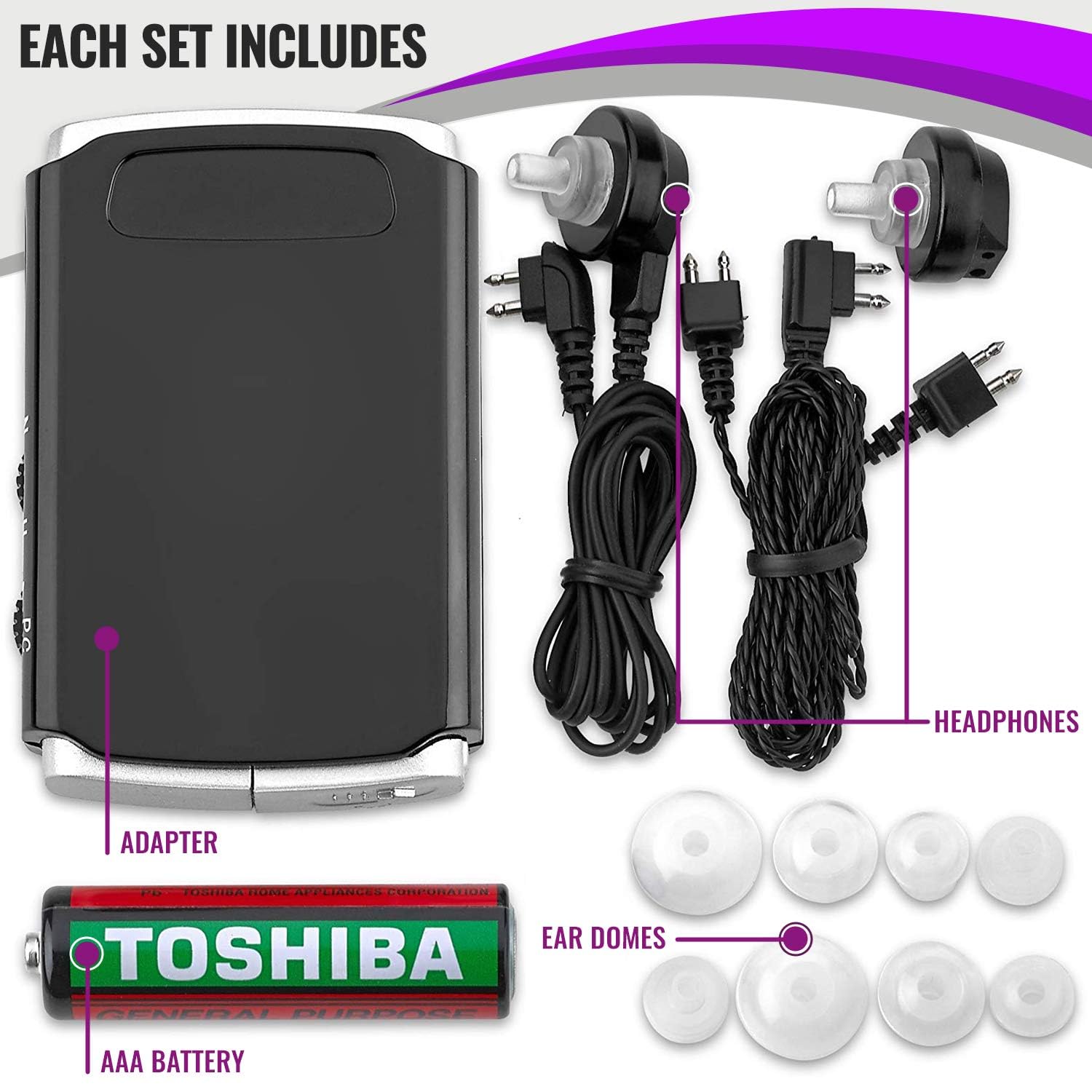 EACH SET INCLUDES

- ADAPTER
- HEADPHONES
- EAR DOMES
- AAA BATTERY