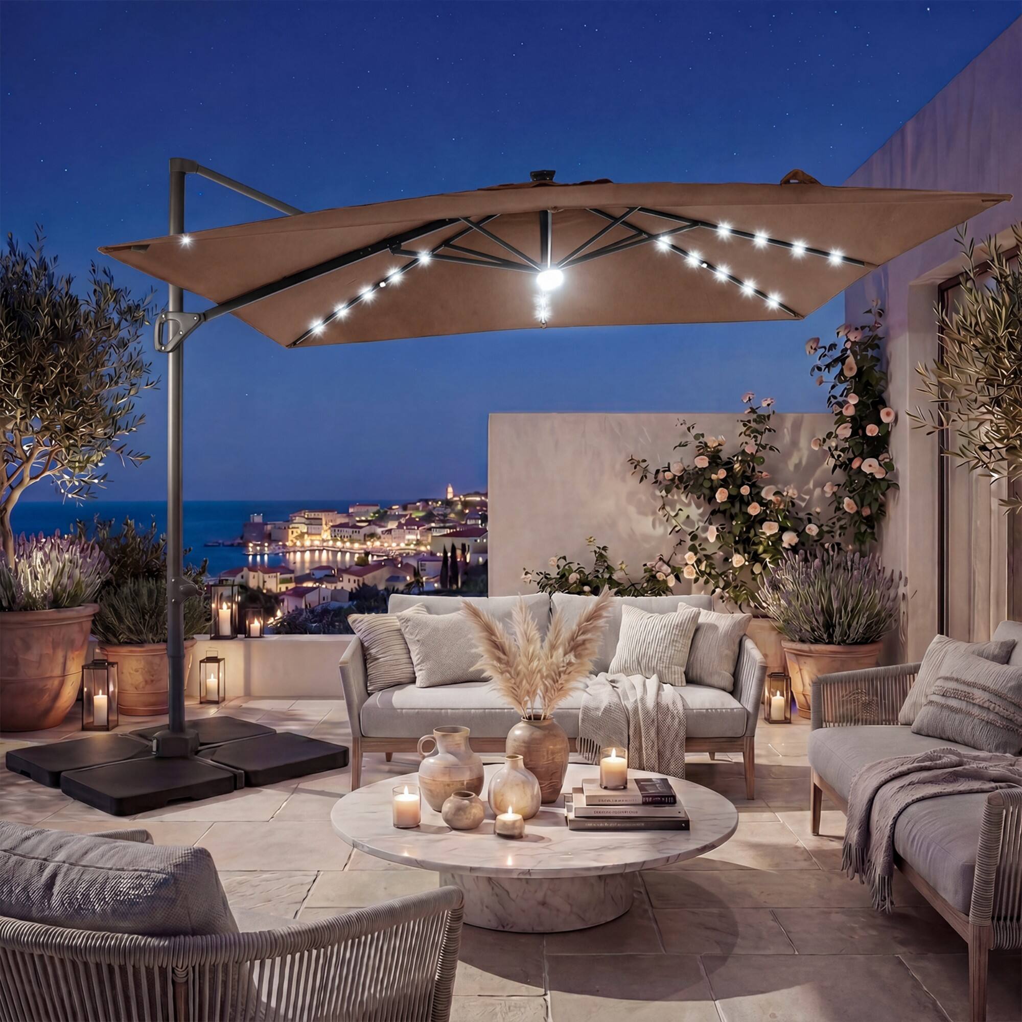 Alt View 3. Costway - Costway 10 FT Cantilever Patio Umbrella with 32 Solar LED Lights, 360° Rotation, Easy Tilt - Tan.