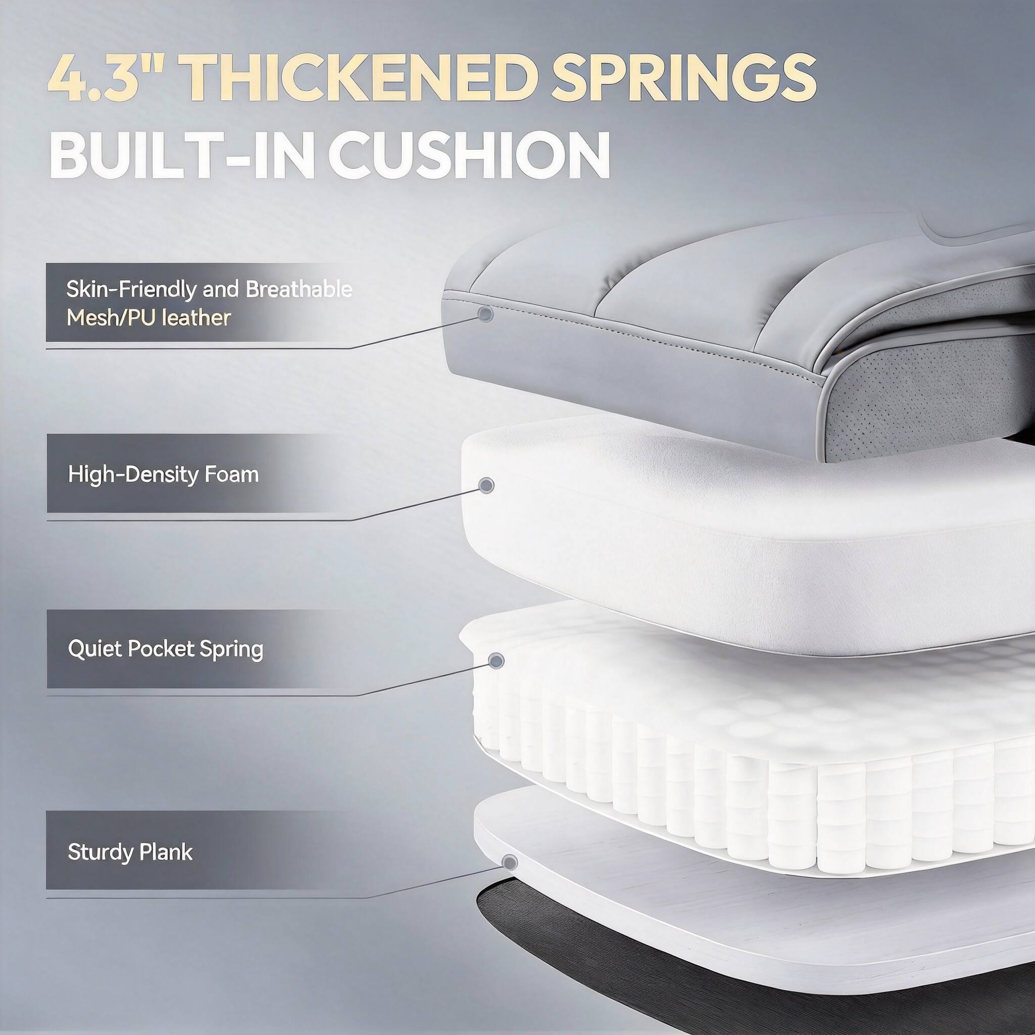 4.3" Thickened Springs Built-In Cushion

- Skin-Friendly and Breathable Mesh/PU Leather
- High-Density Foam
- Quiet Pocket Spring
- Sturdy Plank