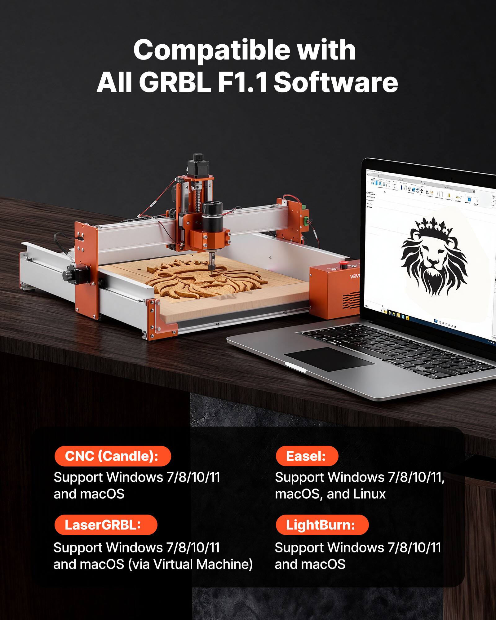 Compatible with All GRBL F1.1 Software

CNC (Candle):
- Support Windows 7/8/10/11 and macOS

LaserGRBL:
- Support Windows 7/8/10/11 and macOS (via Virtual Machine)

Easel:
- Support Windows 7/8/10/11, macOS, and Linux

LightBurn:
- Support Windows 7/8/10/11 and macOS