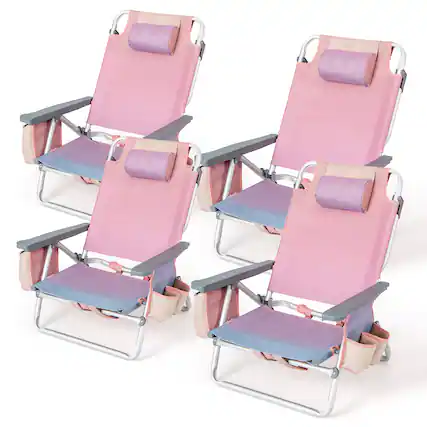 Front. Gymax - Gymax 4PCS Folding Backpack Beach Chair 5-Position Outdoor Reclining Chairs w/ Pillow - Pink.