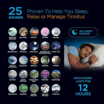 25 Proven To Help You Sleep, Relax or Manage Tinnitus
SOUNDS
- Niagara Falls Green Noise
- Brown Noise
- Maui Surf
- Pink Noise
- Gray Noise
- Waterfall Stream
- White Noise
- Cricket Chorus
- Buzzing Bees with Thunder + Rain
- Rocky Mountain Stream
- Ocean Surf with White Noise
- Niagara Falls
- Cooling Fan
- Woodlands
- Jet Interior
- Ocean Rain
- Natural White Noise
- Rocky Mountain Stream
- Violet Noise
- Summer Night
- White Noise 6K
- Steady Rain
- Rain with White Noise
- Stream with White Noise
- Stormy Surf
ALL NIGHT SOUNDS
EACH SOUND LASTS FOR 12 HOURS