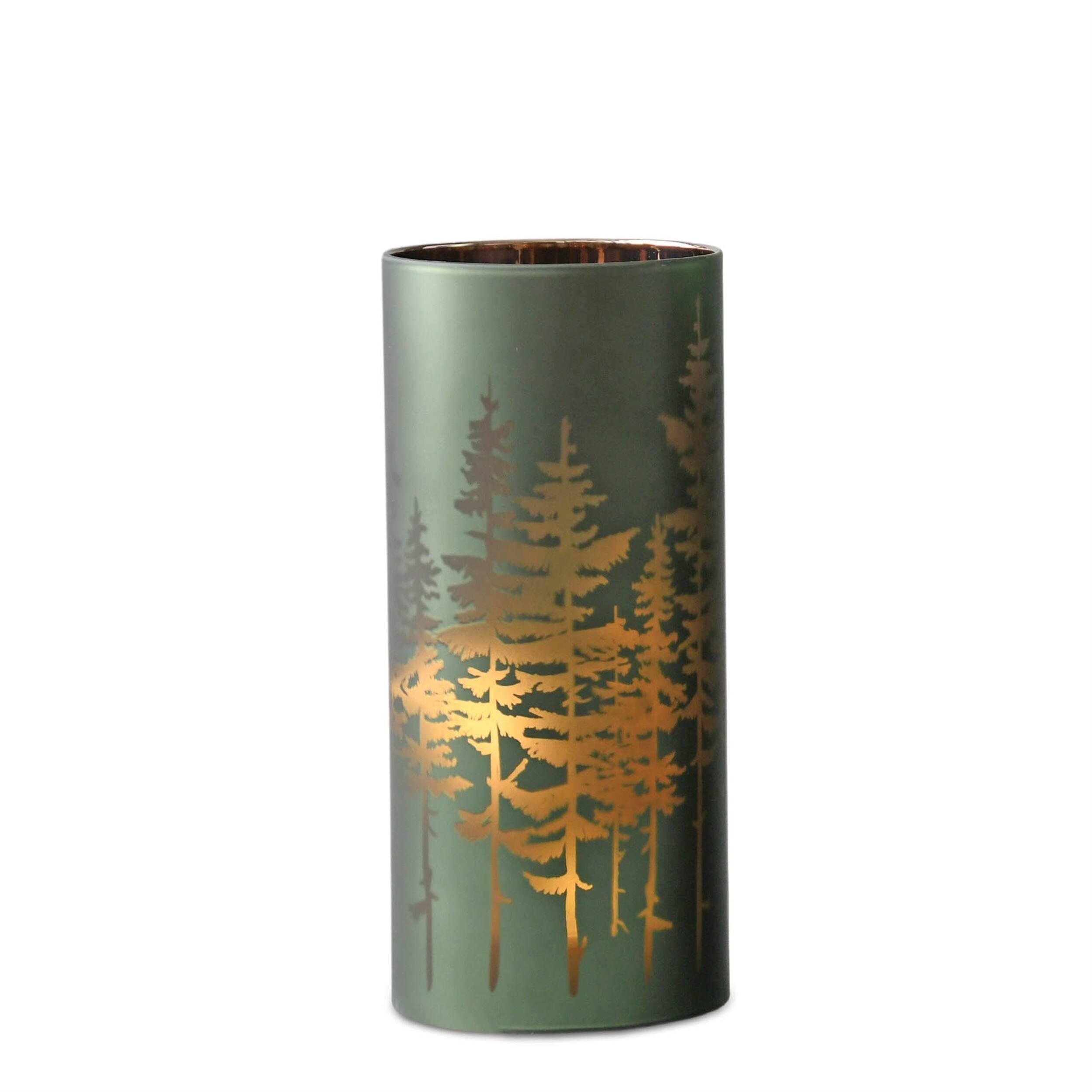 Alt View 1. BreeBe - Frosted Pine Trees Glass Candle Holder (Set of 2) - Green.