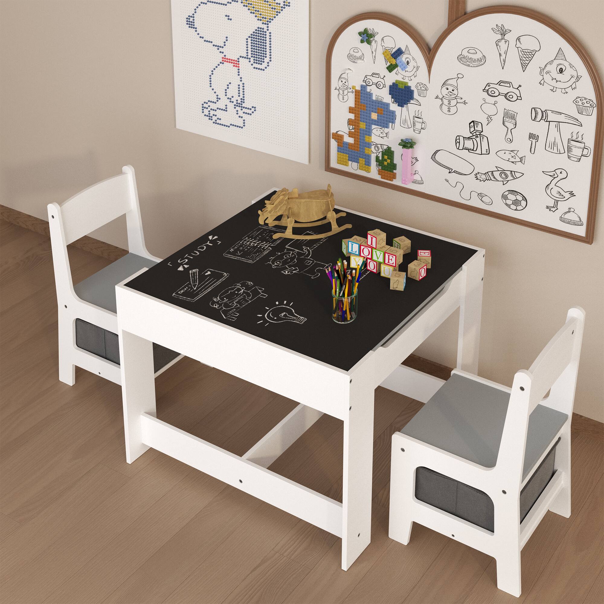 Back. Tiramisubest - Kids Table and Chair Set,3 in 1 Toddlers Wooden Activity Table with Storage Drawer,2 in 1 Detachable Tabletop Table Set - White.