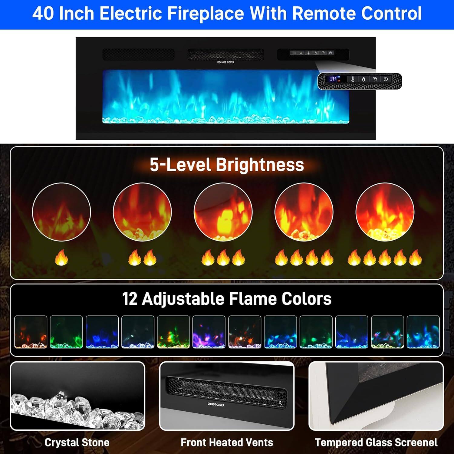 40 Inch Electric Fireplace With Remote Control * X - - HE 5-Level Brightness 12 Adjustable Flame Colors Crystal Stone Front Heated Vents Tempered Glass Screen