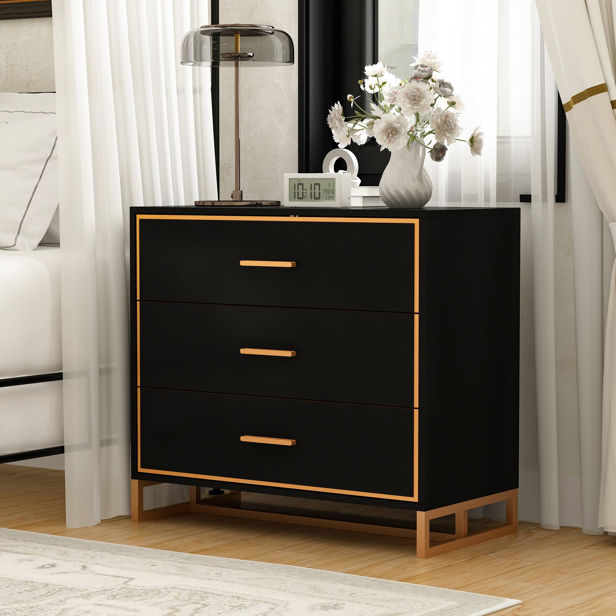 Alt View 8. Famapy - Famapy Modern Nightstand with Gold Accents: 3 - Drawer Storage for Bedroom & Living Space - Black.