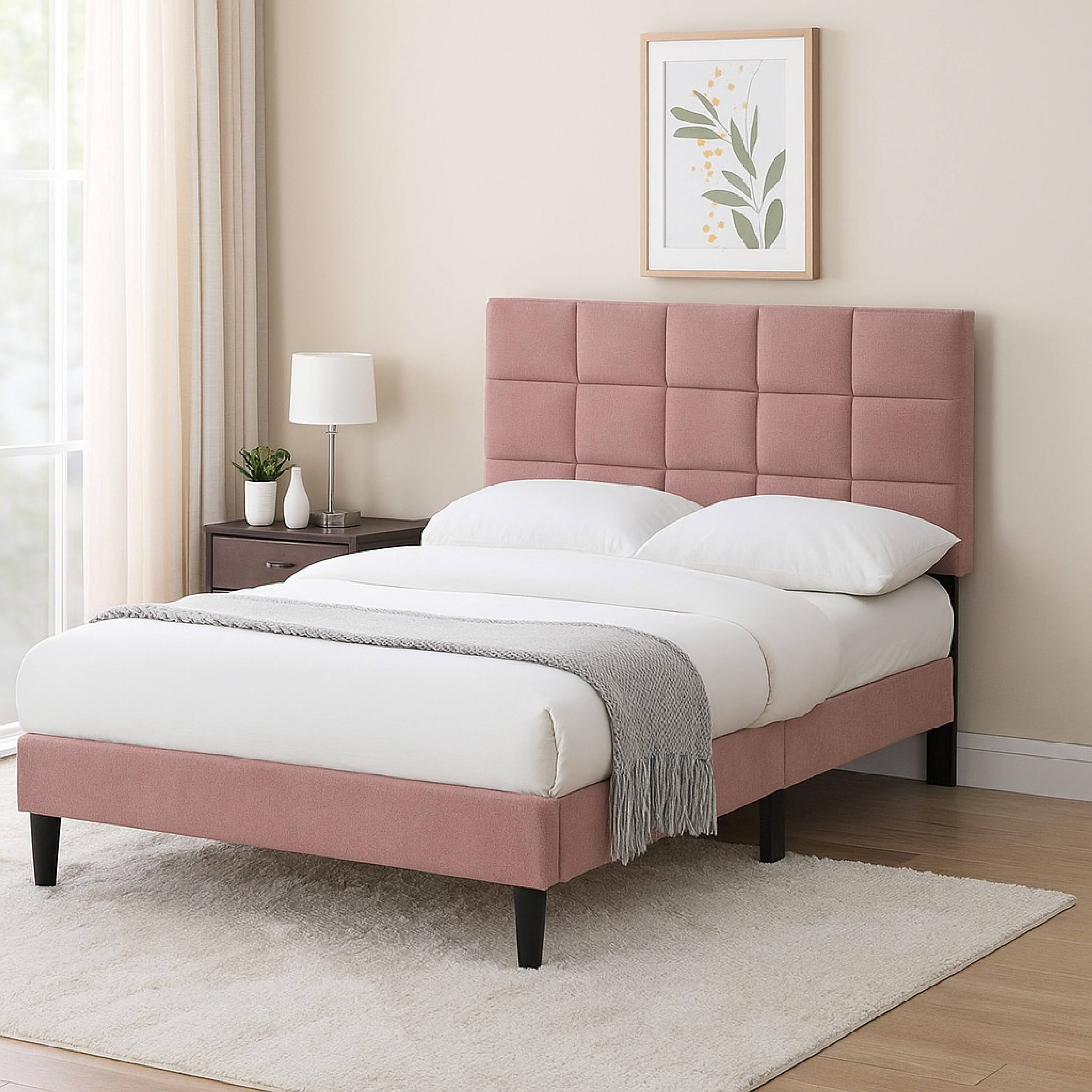 Alt View 2. Manhattan Lane - Lilian Full Bed, Tufted Pink Linen Upholstery, Biscuit Tufted Stitch - Pink, Black.