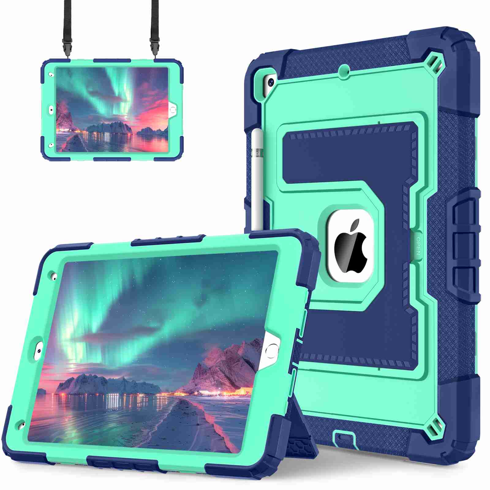 Angle. UUCOVER - Rugged Protective Case for iPad 9th 8th 7th Gen 10.2-inch (2021/2020/2019) Shockproof Stand Cover with Shoulder Strap - Mint+Navy.