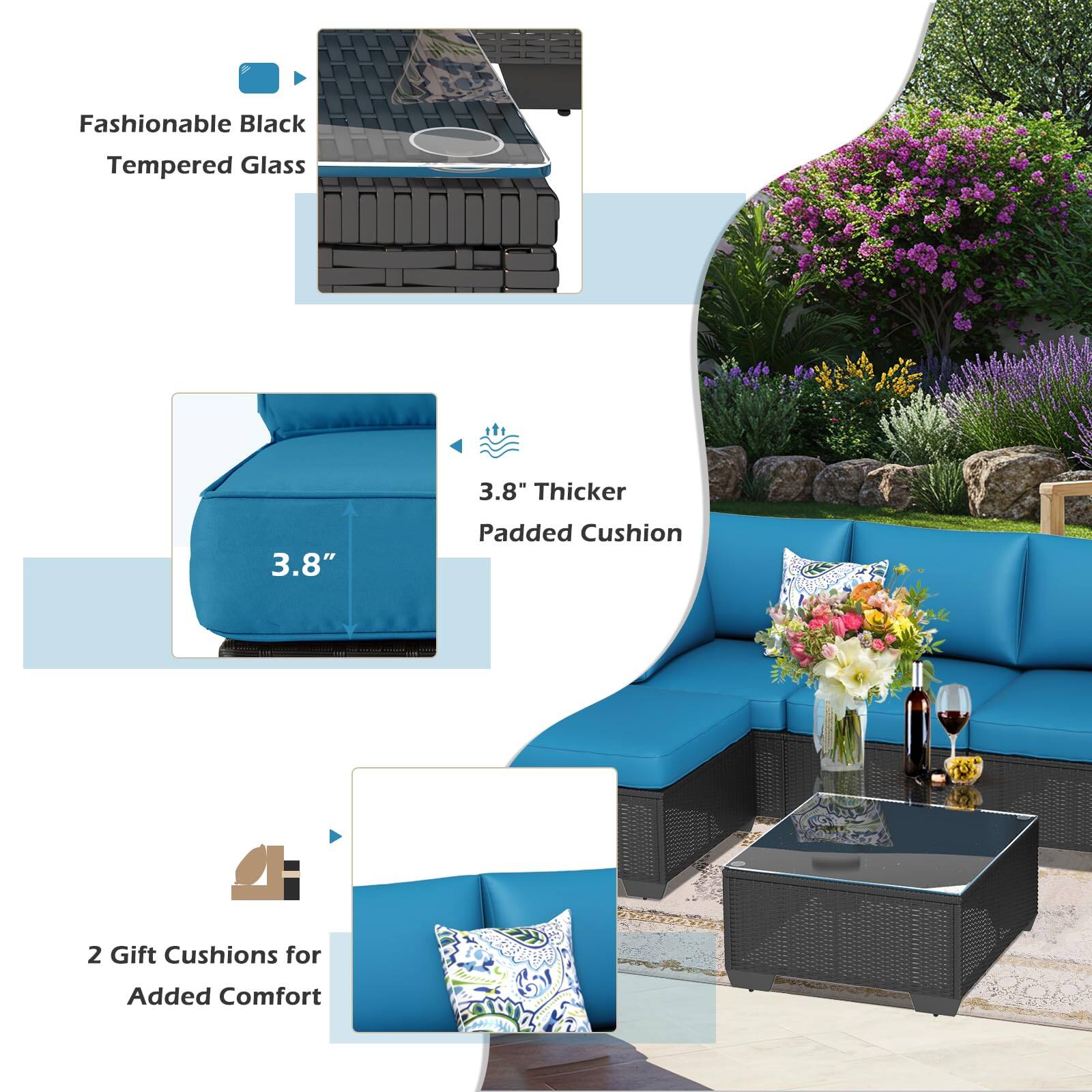 Fashionable Black Tempered Glass

Thicker 3.8" Padded Cushion

2 Gift Cushions for Added Comfort
