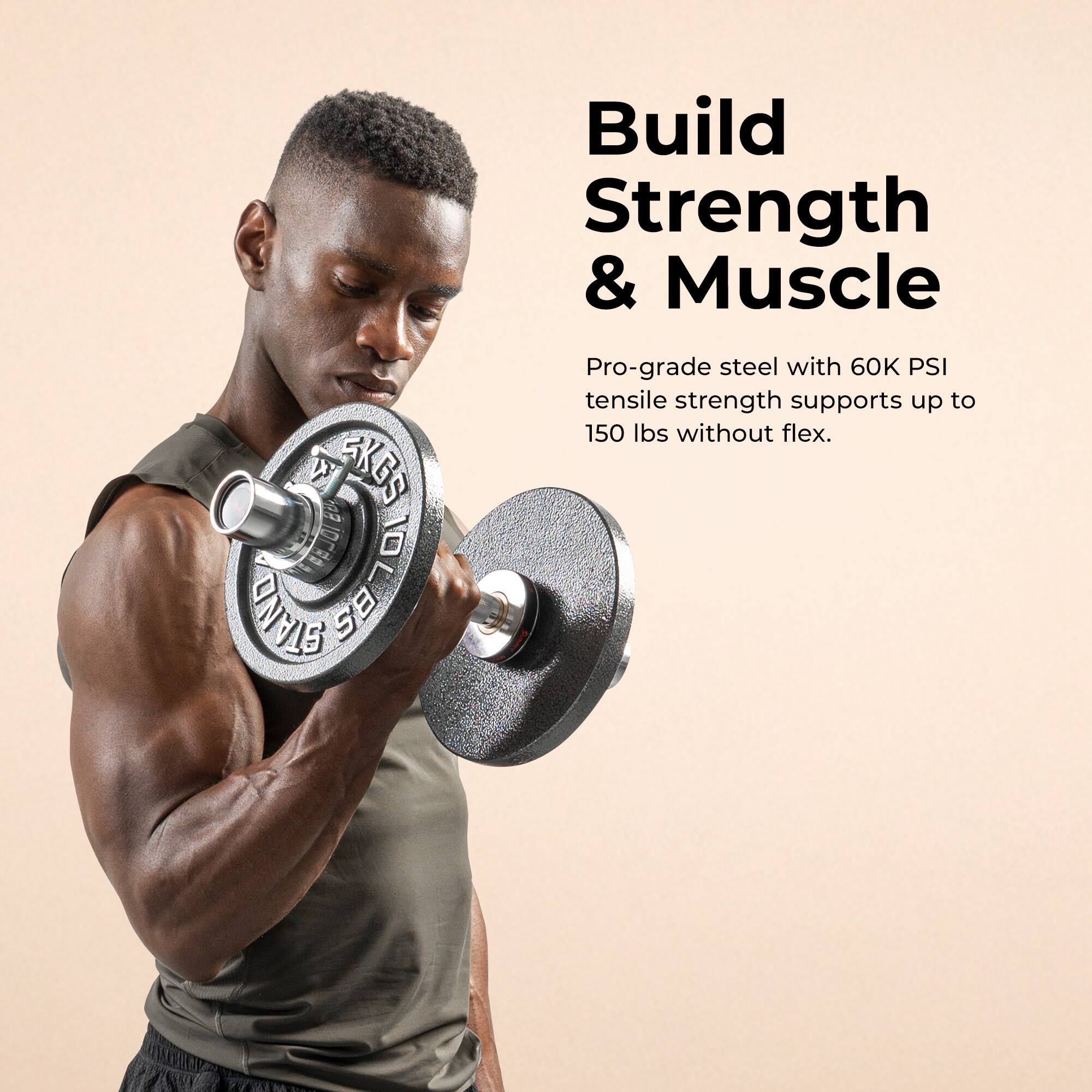 Build Strength & Muscle

Pro-grade steel with 60K PSI tensile strength supports up to 150 lbs without flex.