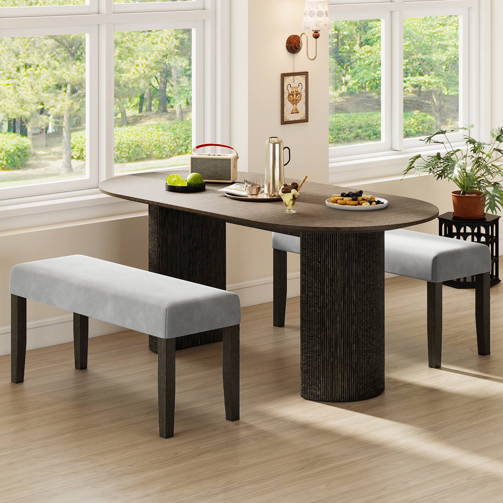 Alt View 4. Gymax - Gymax Upholstered Bedroom Bench w/Padded Seat & Solid Wood Legs for Dining Room - Grey.