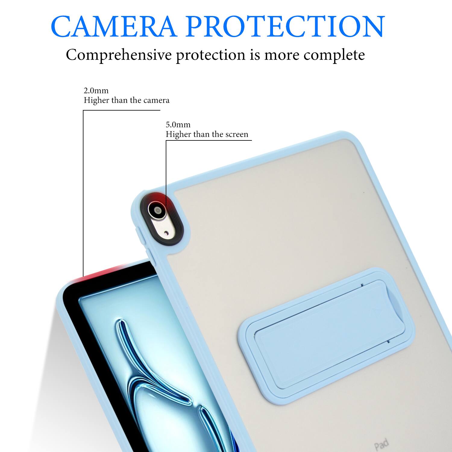 CAMERA PROTECTION  
Comprehensive protection is more complete  

2.0mm  
Higher than the camera  

5.0mm  
Higher than the screen  

Pad