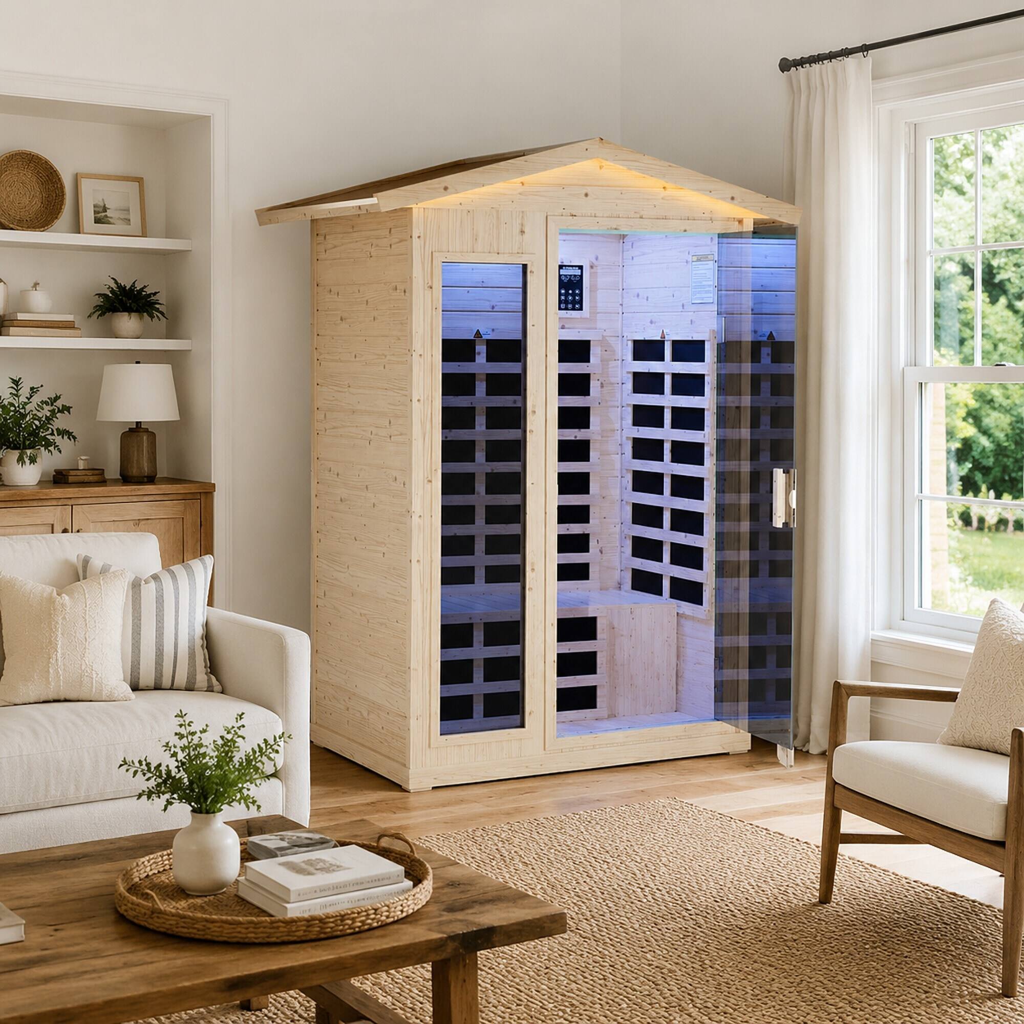 Alt View 1. RYHNUYNE - Far Infrared Sauna Room, Norway Spruce Wood, 6 Heating Plates, 1850W, Home Spa - Natural Wood.