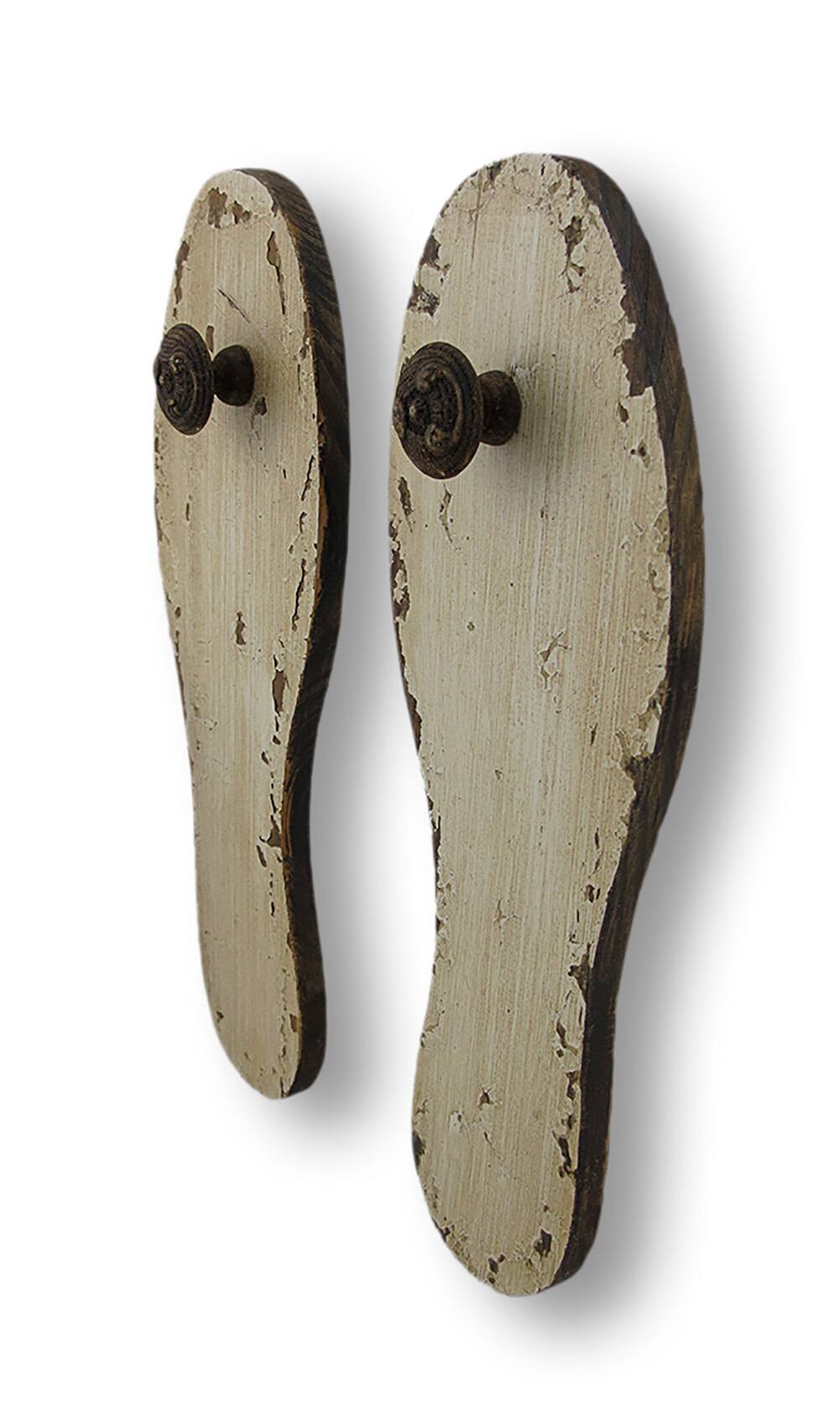 Alt View 1. Manual Woodworkers & Weavers - Distressed Finish Antique White Wooden Shoe Sole Wall Pegs - Beige.
