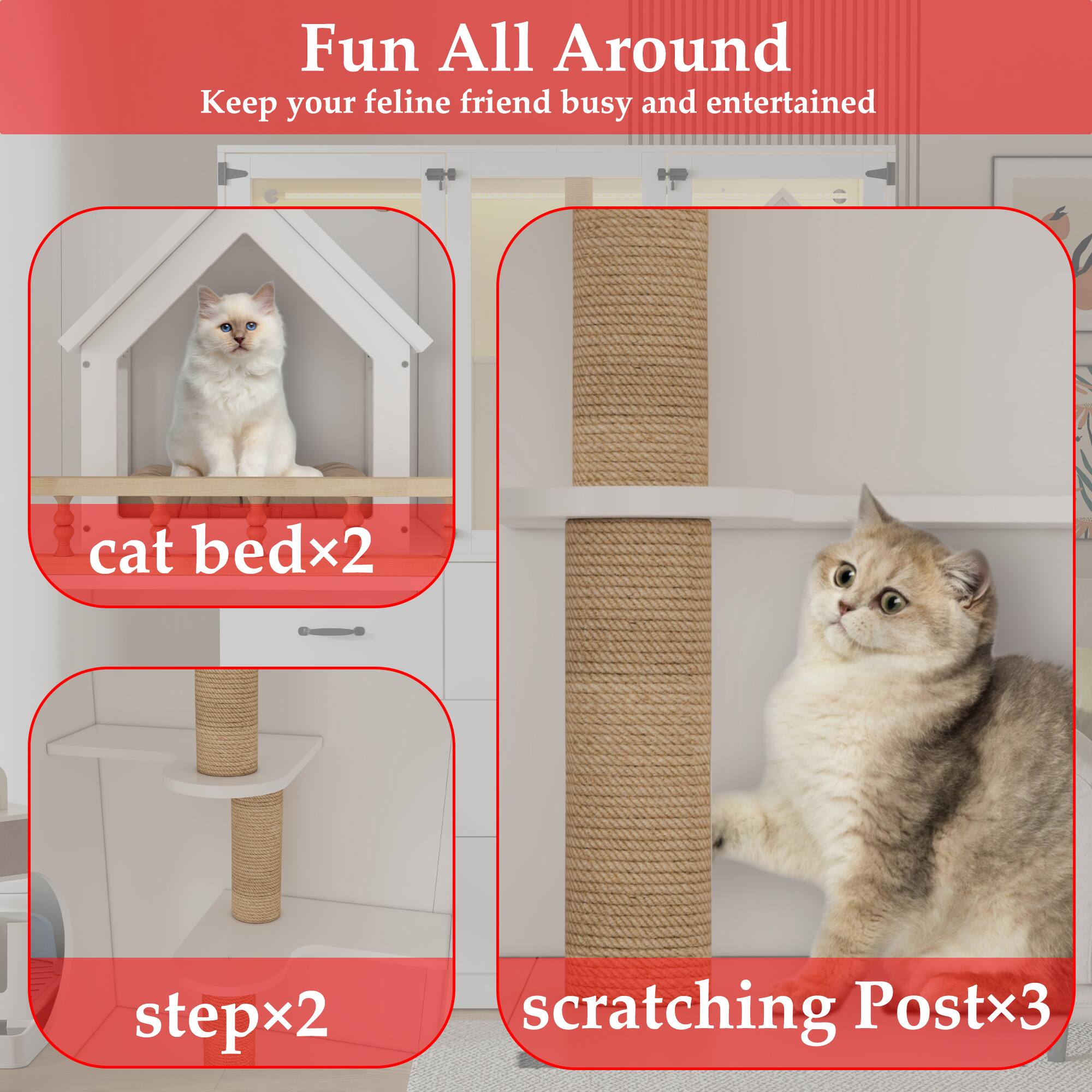 Fun All Around  
Keep your feline friend busy and entertained  

cat bedx2  
stepx2  
scratching Postx3