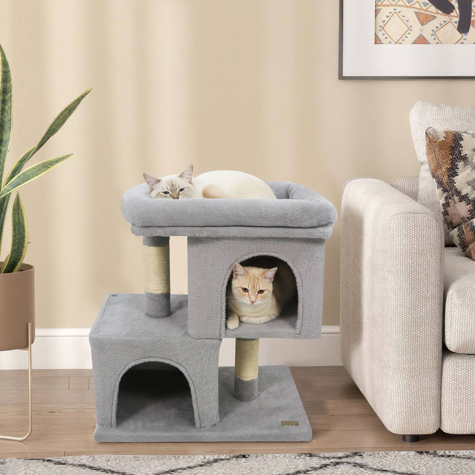 Alt View 3. Gymax - Gymax 25.5'' Cat Tree w/2 Large Condo Padded Top Perch Sisal Scratching Posts for Cats Light Gray.
