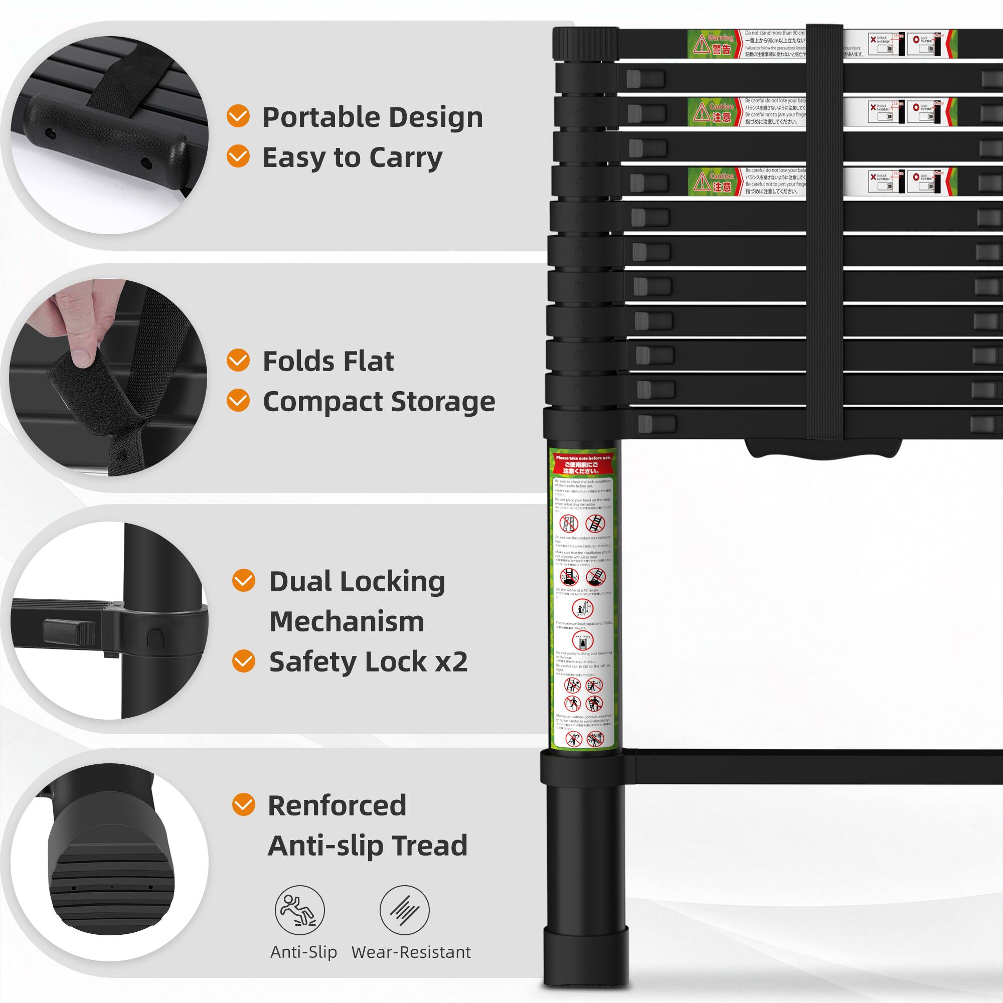 Waring Ara  
Portable Design  
Easy to Carry  

Folds Flat  
Compact Storage  

Dual Locking Mechanism  
Safety Lock x2  

Renforced Anti-slip Tread  
Anti-Slip  
Wear-Resistant