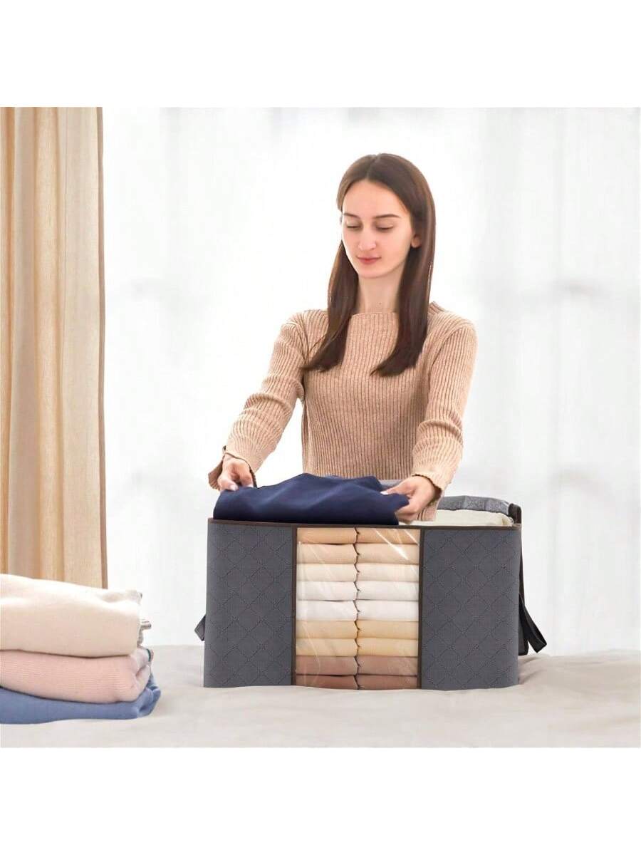 Alt View 5. Live At Space - 3 Pack Clothes Storage Bins with Lids, Foldable Blanket Bags Zippers, Window and Reinforced Handles, Closet Clothing, - Gray + 3 x 90L.