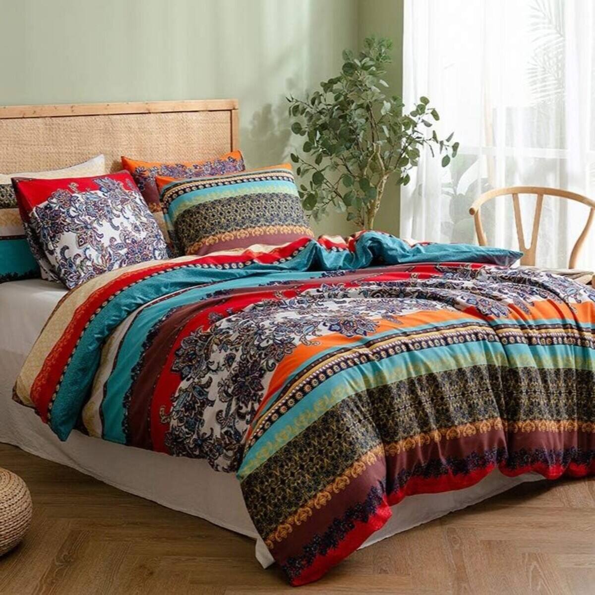 Front. Shatex - 3-Piece Bohemian Striped Print comforter Set Featuring A Free-Spirited Artistic Style Creates - Black.