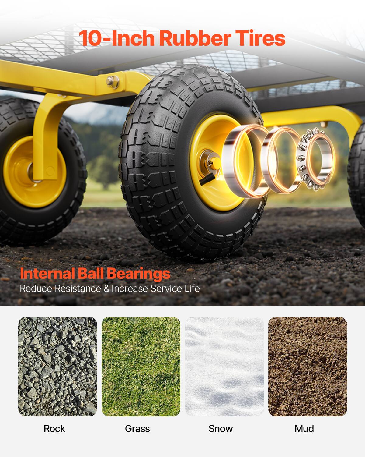 10-Inch Rubber Tires, Internal Ball Bearings, Reduce Resistance & Increase Service Life, Rock, Grass, Snow, Mud