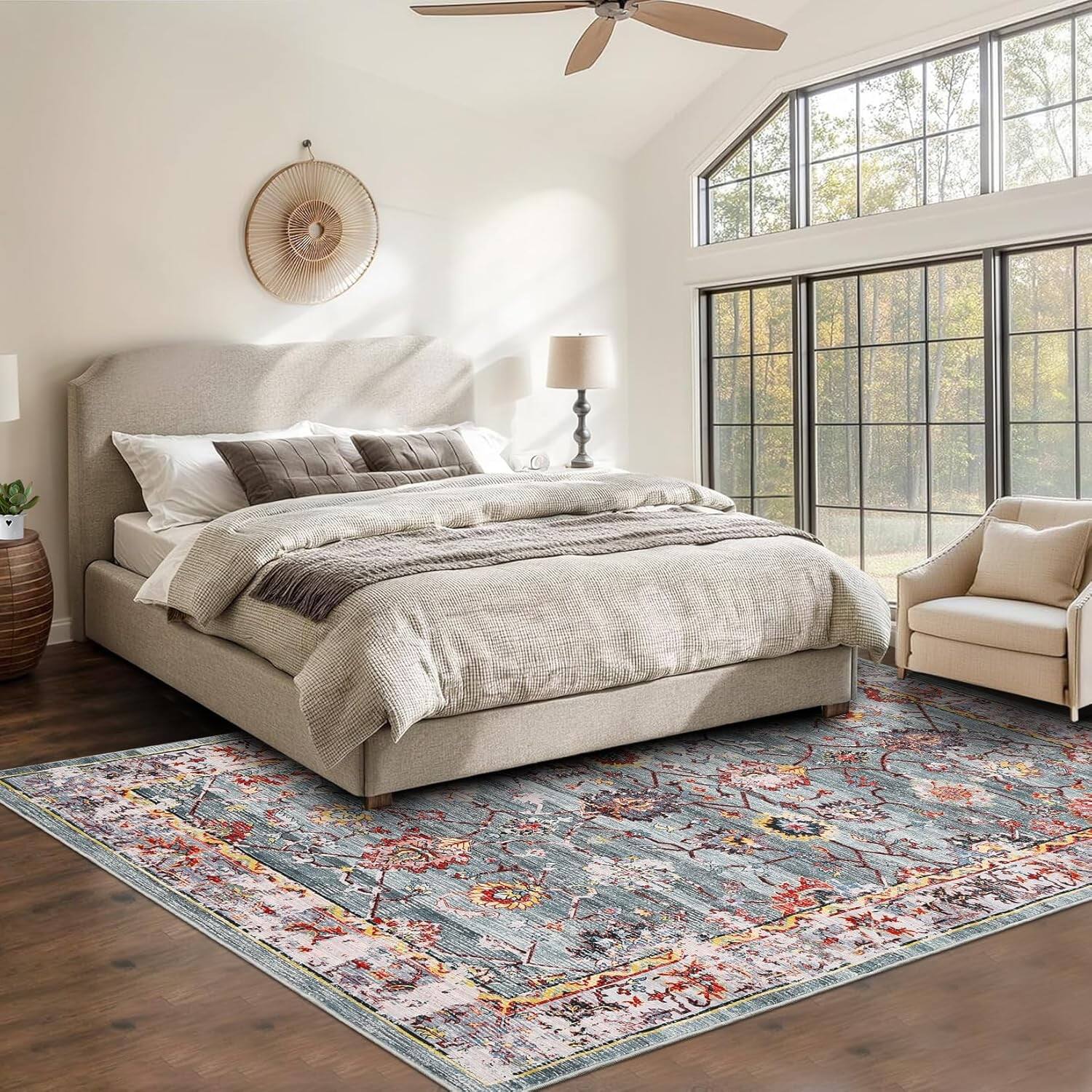 Alt View 2. Homhougo - 8x10 Machine Washable Vintage Floral Area Rug, Non-Slip Soft Carpet for Living Room Green - Green.